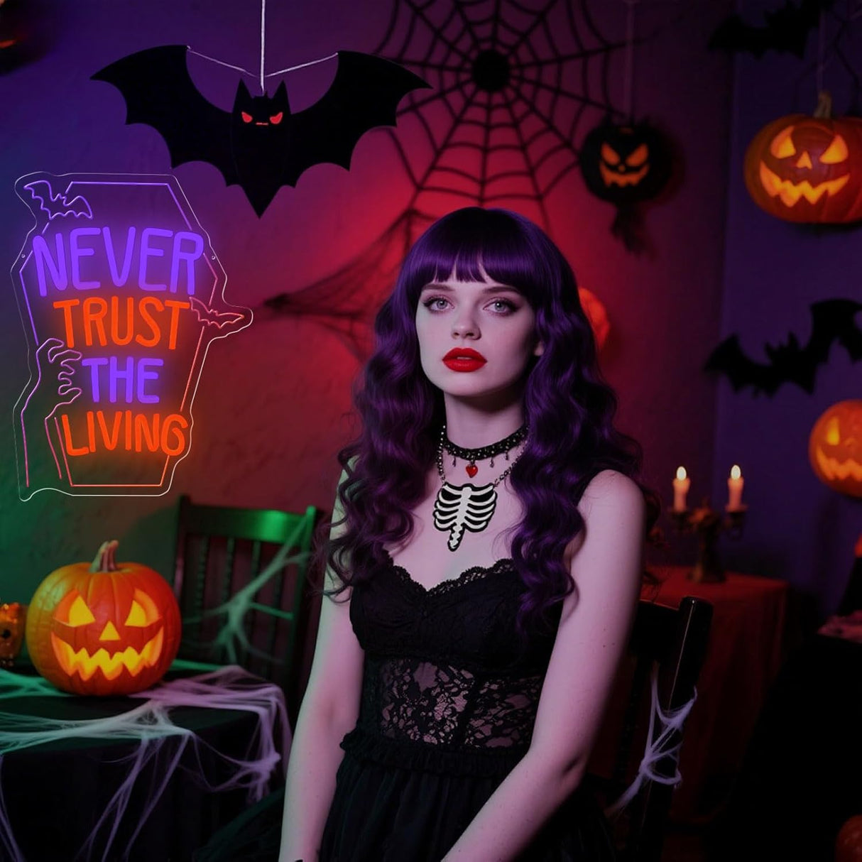 Never Trust The Living Neon Sign, Dimmable Halloween Neon Sign LED Horror Decor for Bedroom Game Room Scary Room