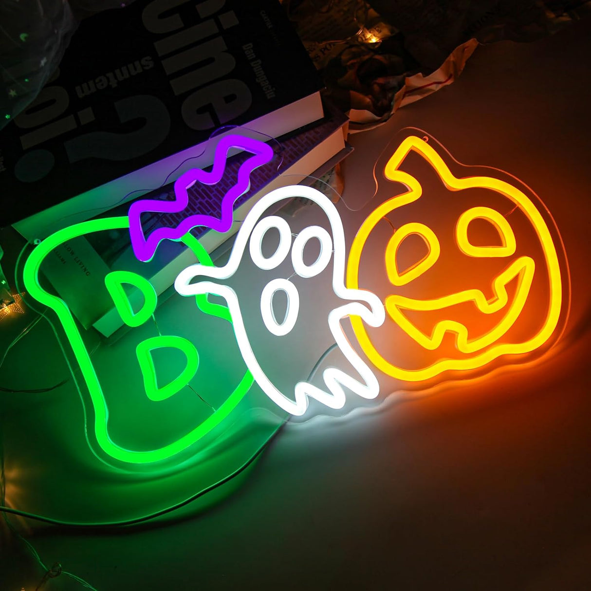 Halloween Neon Sign Dimmable LED Boo Sign Halloween Spooky Pumpkin Ghost Wall Neon