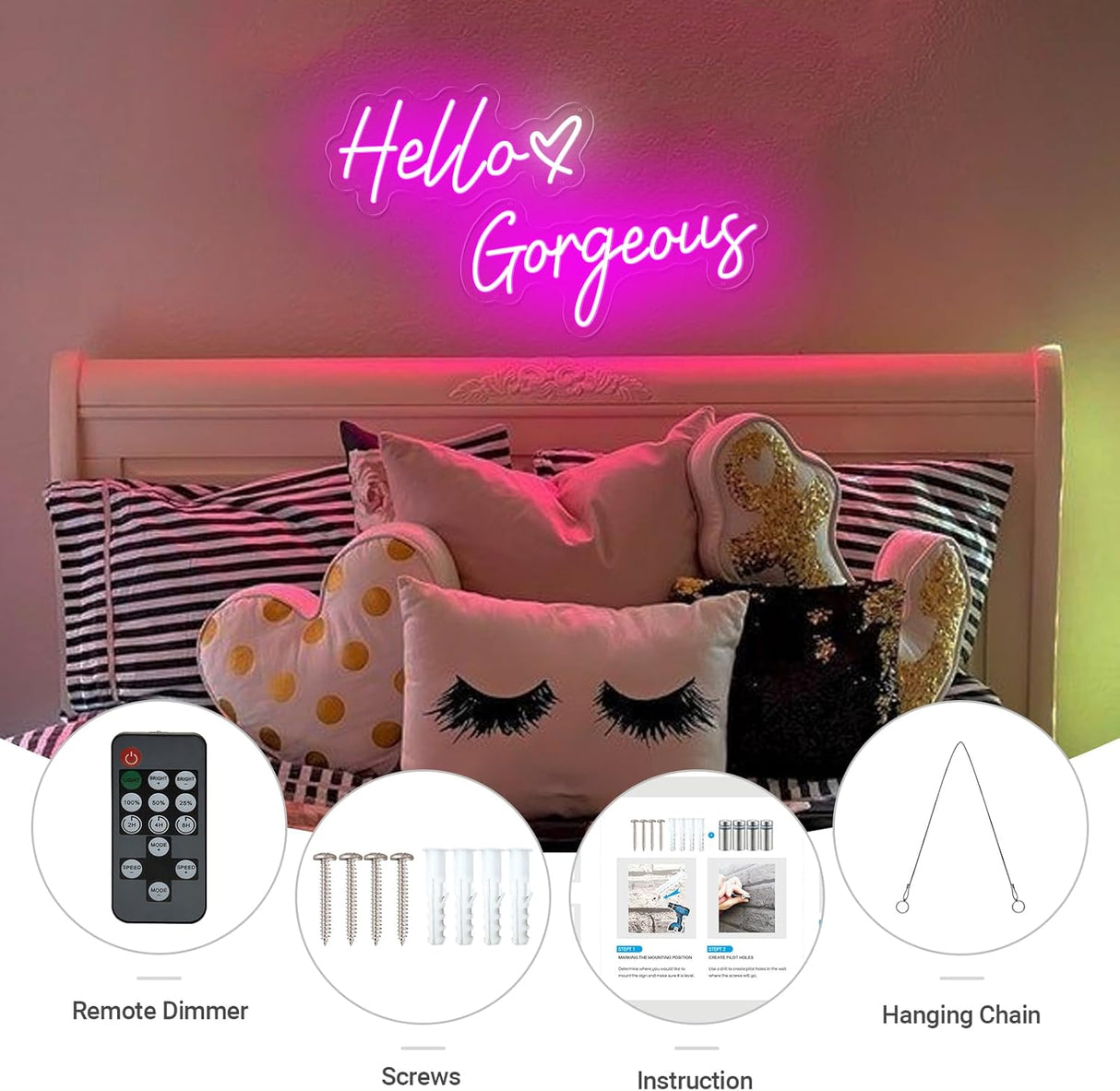 30 Inch Large Hello Gorgeous Neon Sign, 12V Pink Hello Beautiful Led Neon Light for Wedding
