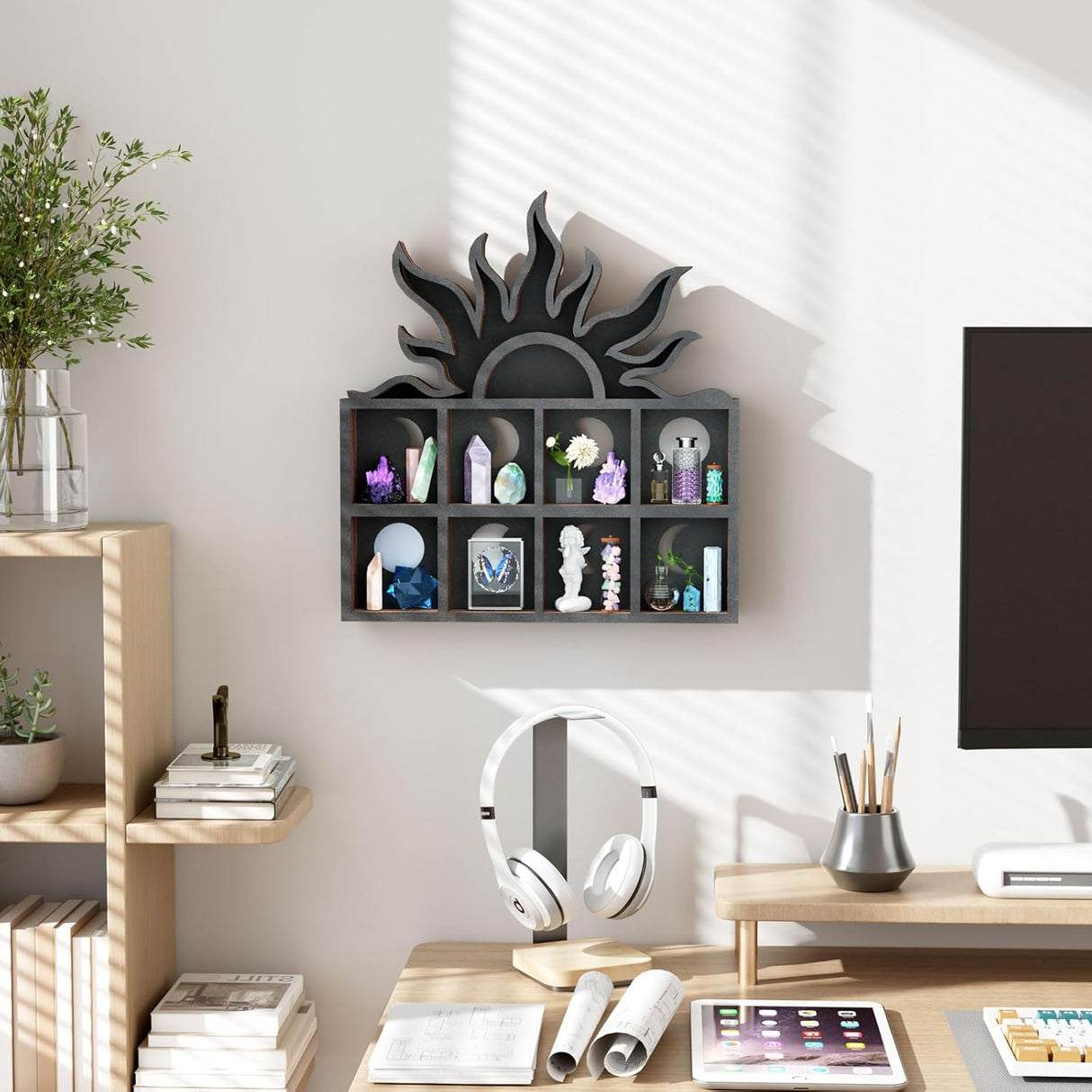 Qmetalart Sunrise Trinket Shelf, Sun Moon Crystal Display Shelf Storage Wall Hanging