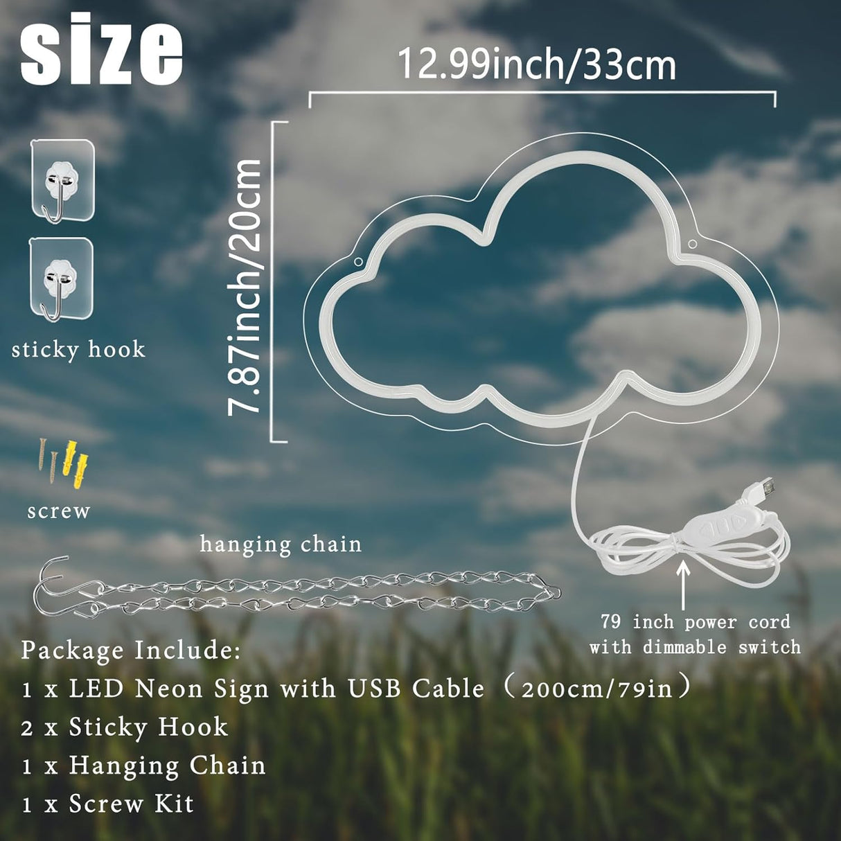 Cloud Neon Sign Cute White Clouds LED Light Sign for Wall,Dimmable USB Floating Clouds