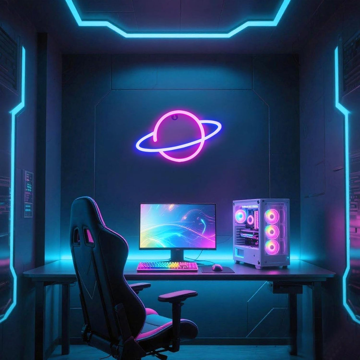 Planet Led Sign for Wall Decor, USB or Battery Operated Pink/Blue Planet Led Neon Light for Bedroom,