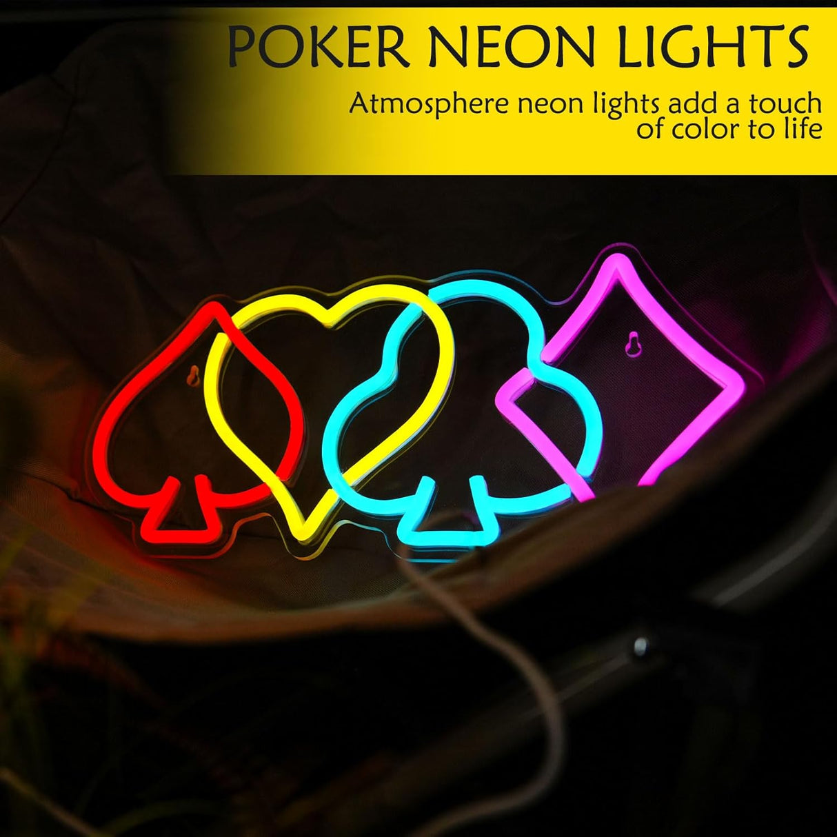 Poker Neon Sign–LED Playing Cards Neon Light for Wall Decor, USB Powered Dimmable