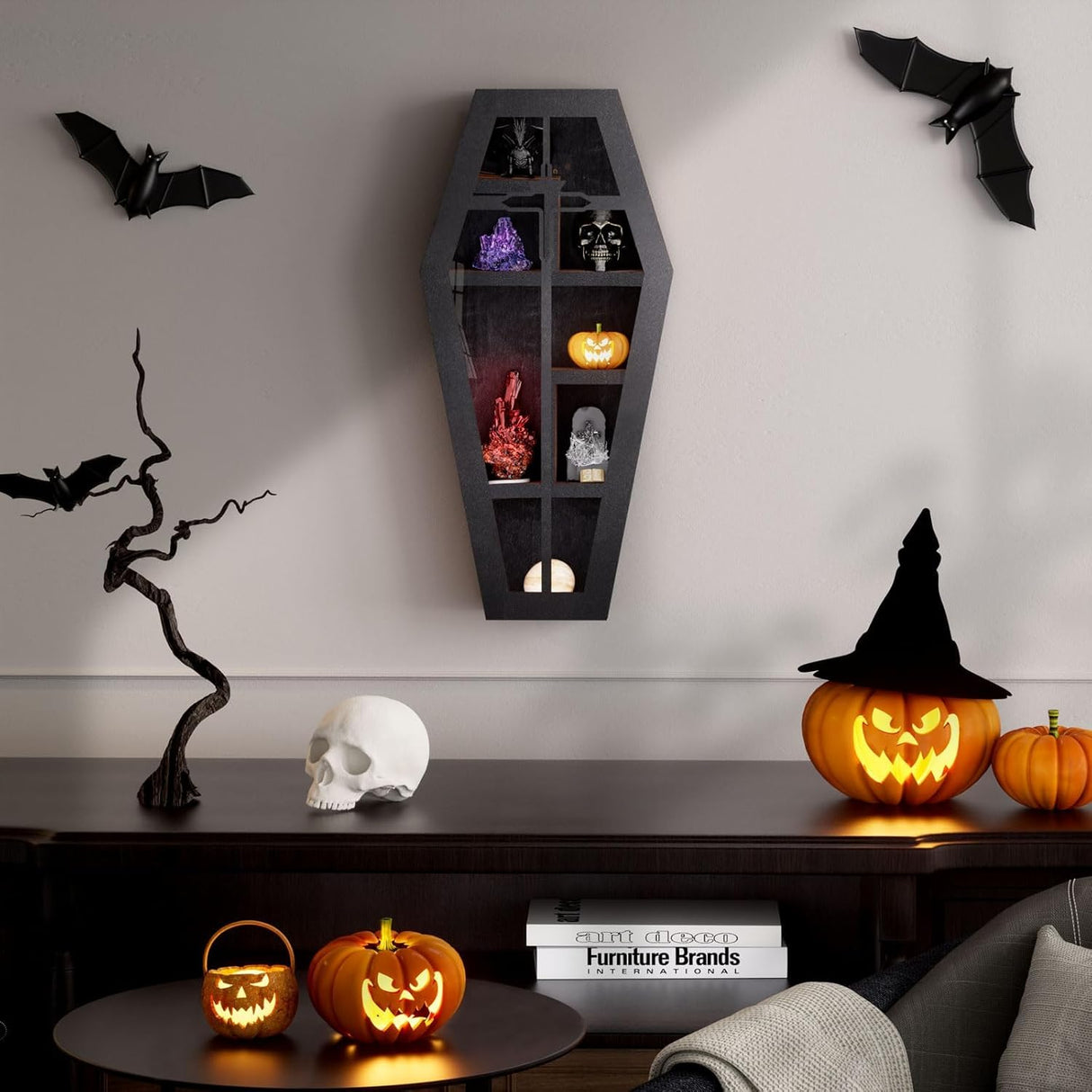 Qmetalart Coffin Shelf with Acrylic Dust Cover, Wooden Gothic Decor for Display or Storage Rocks Mini Figures,