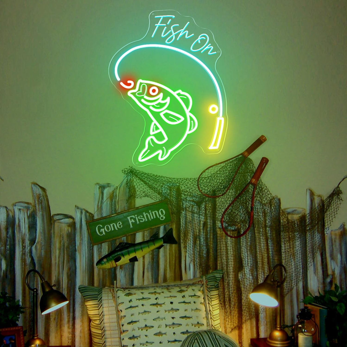 Ice Blue Lemon Fishing Pole, USB-Powered Acrylic LED Wall Art, Fishing Enthusiast Gift for Bedroom