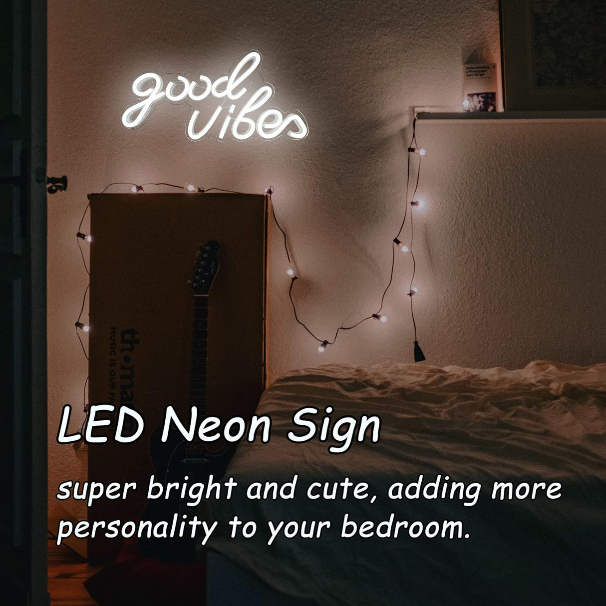 Good Vibes Neon Sign, LED Neon Signs for Wall Decor, White Neon Lights for Bedroom & Party