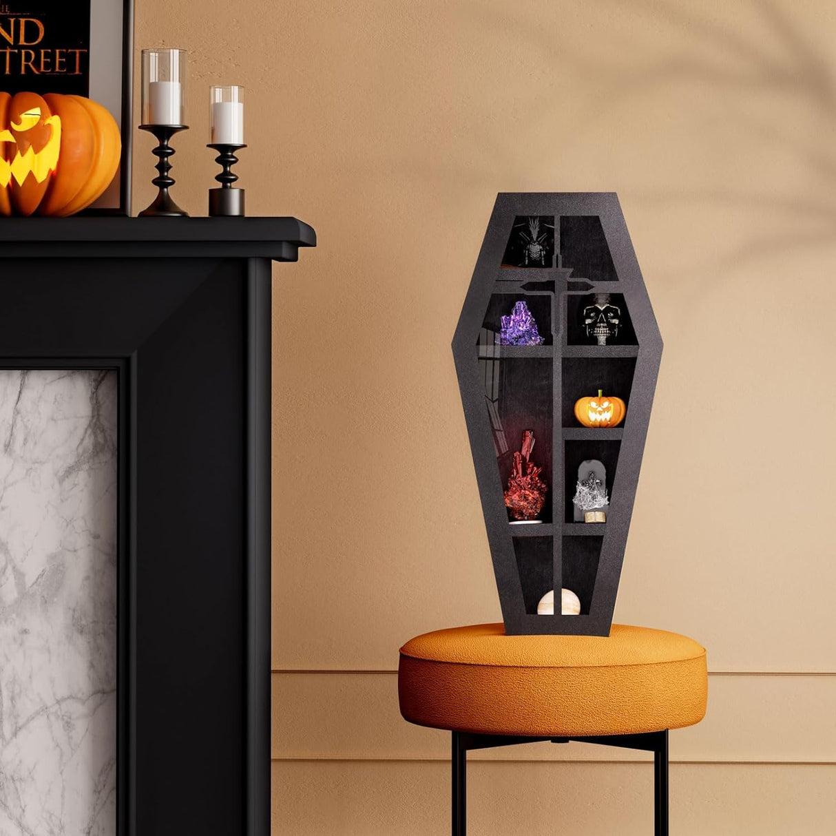 Qmetalart Coffin Shelf with Acrylic Dust Cover, Wooden Gothic Decor for Display or Storage Rocks Mini Figures,