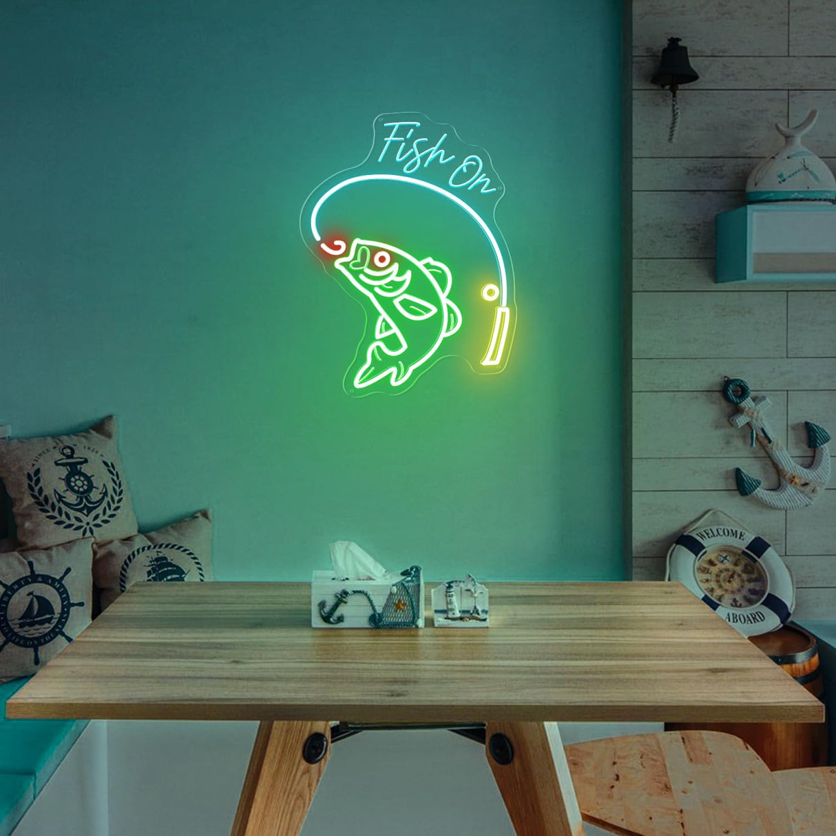 Ice Blue Lemon Fishing Pole, USB-Powered Acrylic LED Wall Art, Fishing Enthusiast Gift for Bedroom