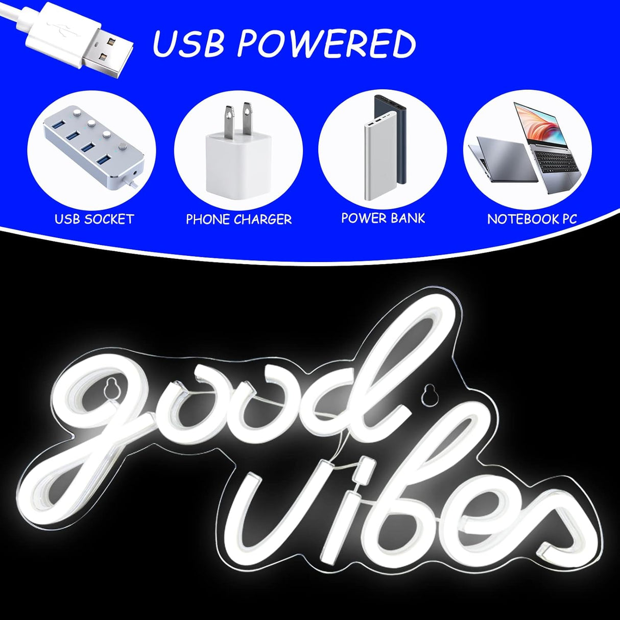 Good Vibes Neon Sign, LED Neon Signs for Wall Decor, White Neon Lights for Bedroom & Party