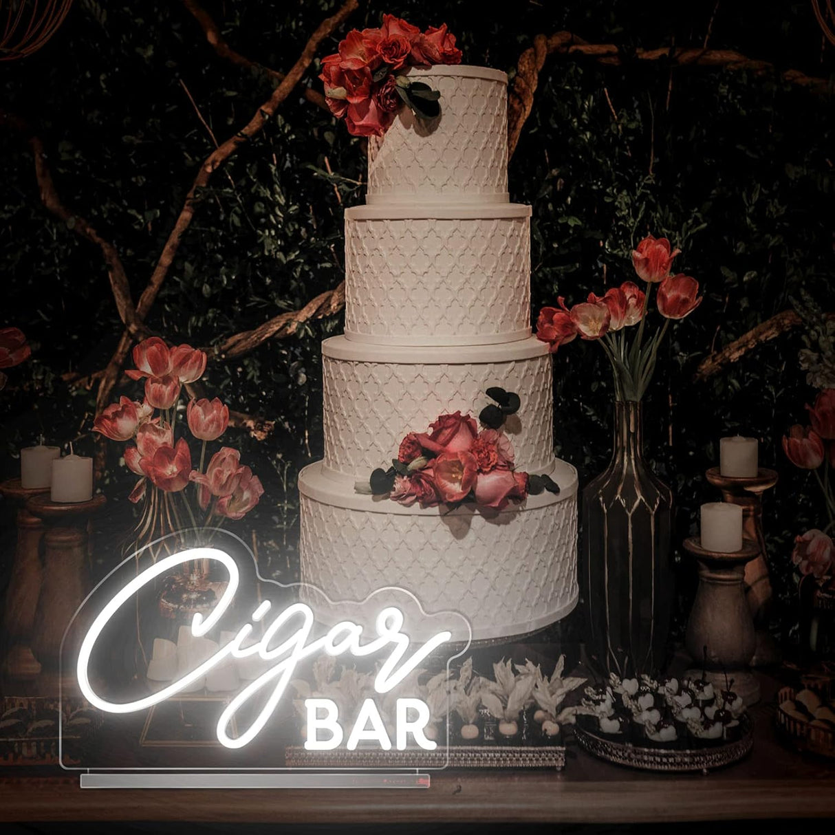 Cigar Bar Neon Sign Tabletop, White Wedding LED Neon Light with Stand, Handmade Cigar Bar
