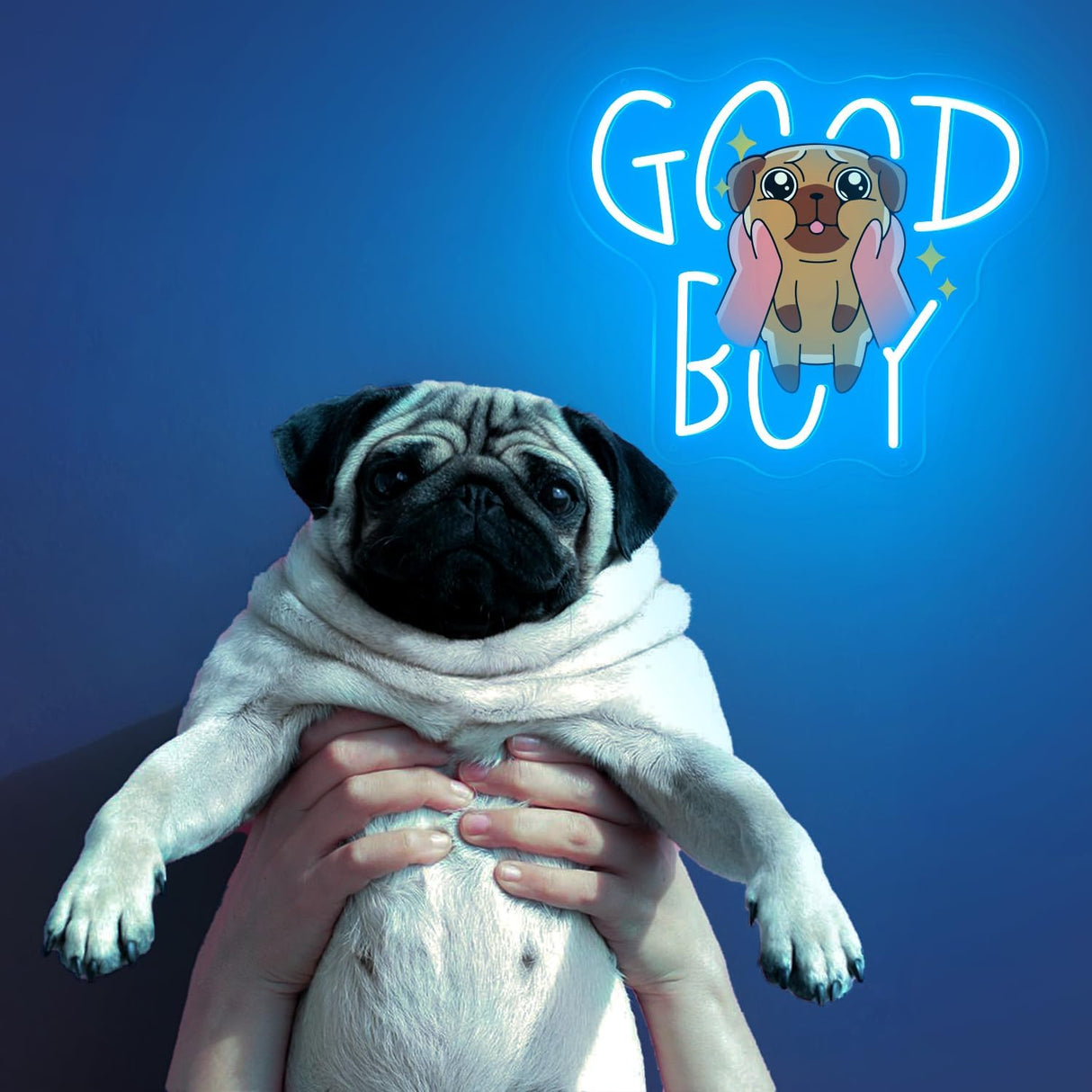 Printed Pug with Ice Blue LED, 11"x12" USB-Powered Acrylic Wall Neon Light for Dog Bedrooms