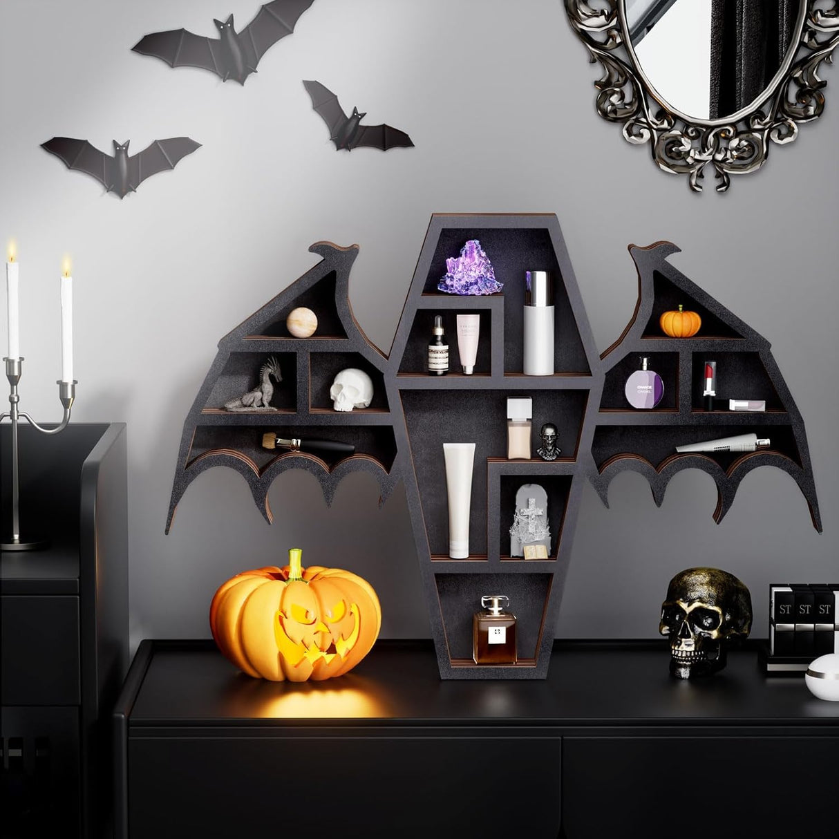 Qmetalart Coffin Shelf with Bat Wings, Wooden Gothic Decor for Display or Storage Rocks Mini Figures
