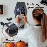 Qmetalart Coffin Shelf with Acrylic Dust Cover, Wooden Gothic Decor for Display or Storage Rocks Mini Figures,