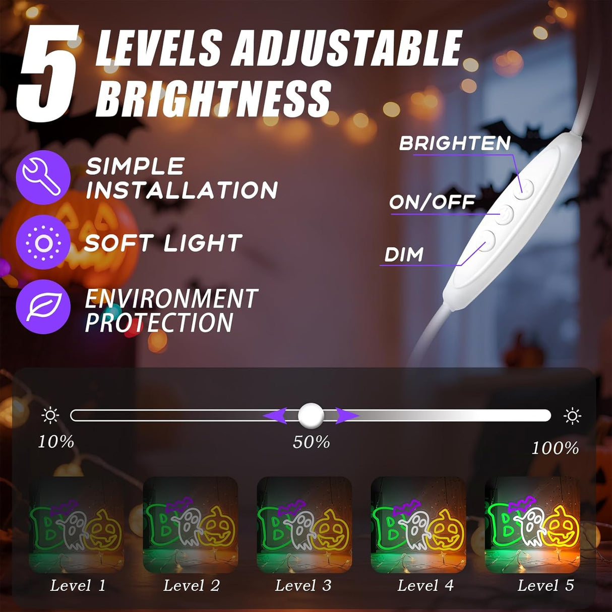 Halloween Neon Sign Dimmable LED Boo Sign Halloween Spooky Pumpkin Ghost Wall Neon