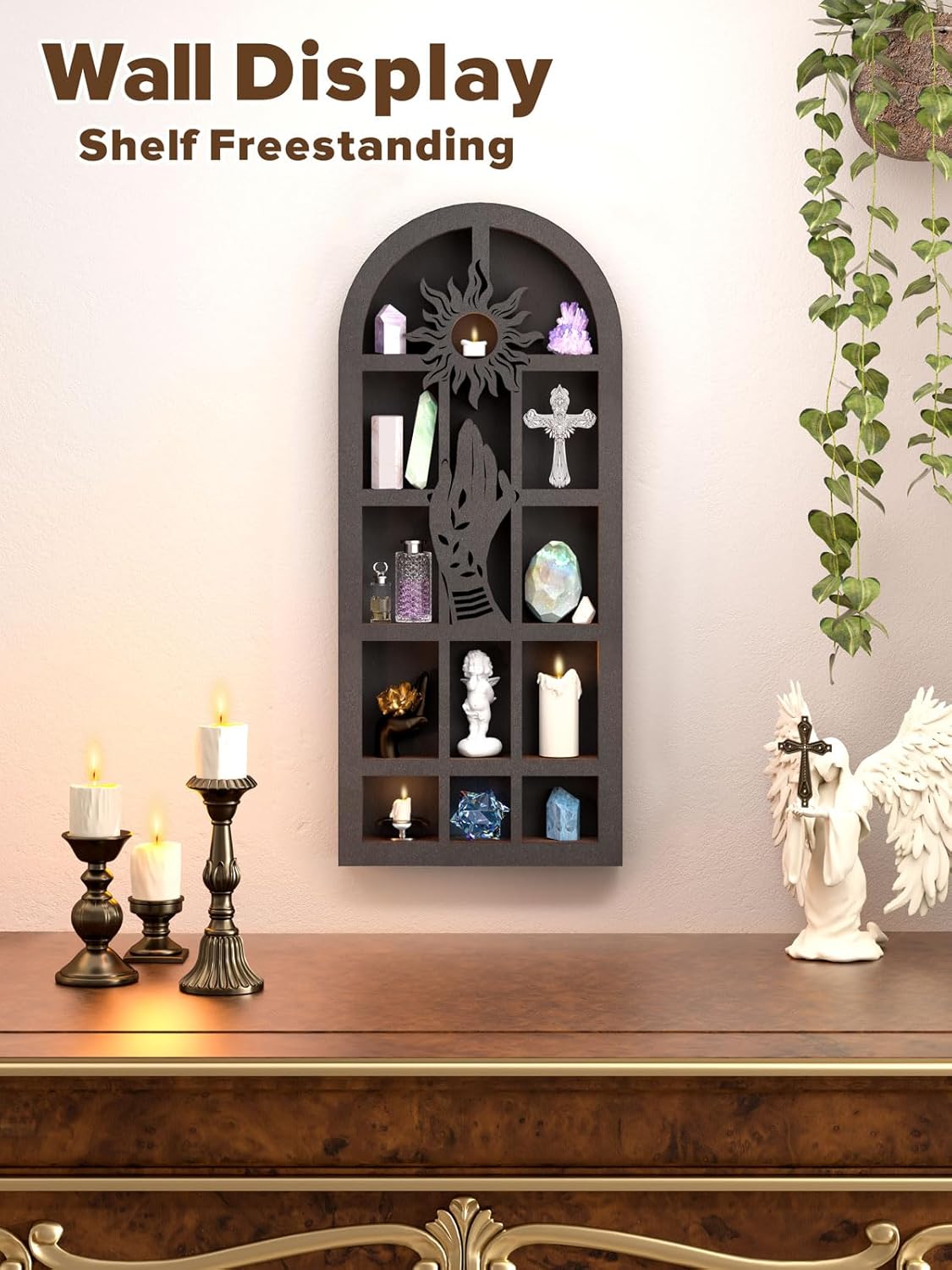Qmetalart Religious Trinket Shelf, Crystal Display Shelf Storage Wall Hanging Wooden