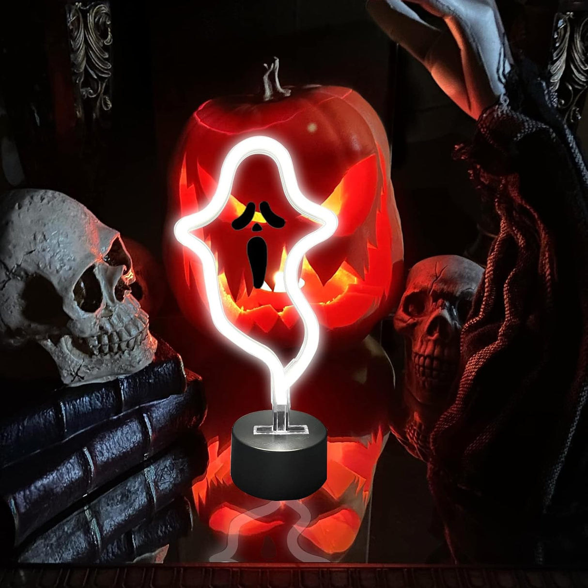 Halloween Ghost Neon Sign, Halloween Decoration LED Ghost Neon Light Sign with Base,