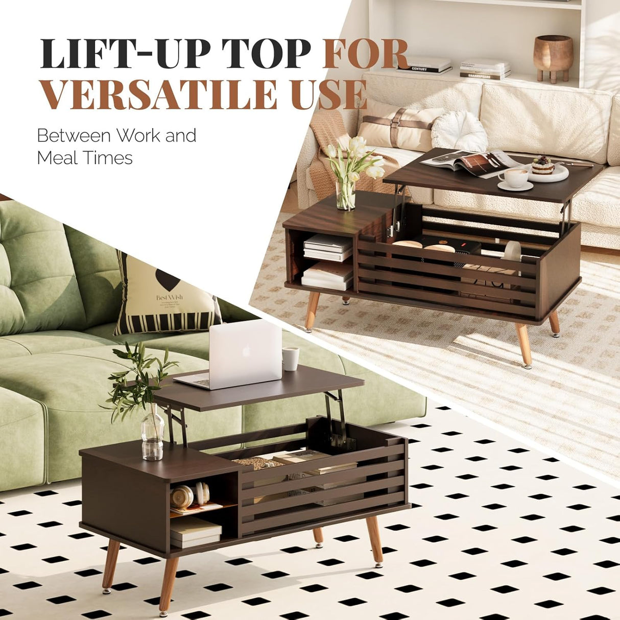 Qmetalart Lift Top Coffee Table with Storage, Mid Century Modern Coffee Table, Central