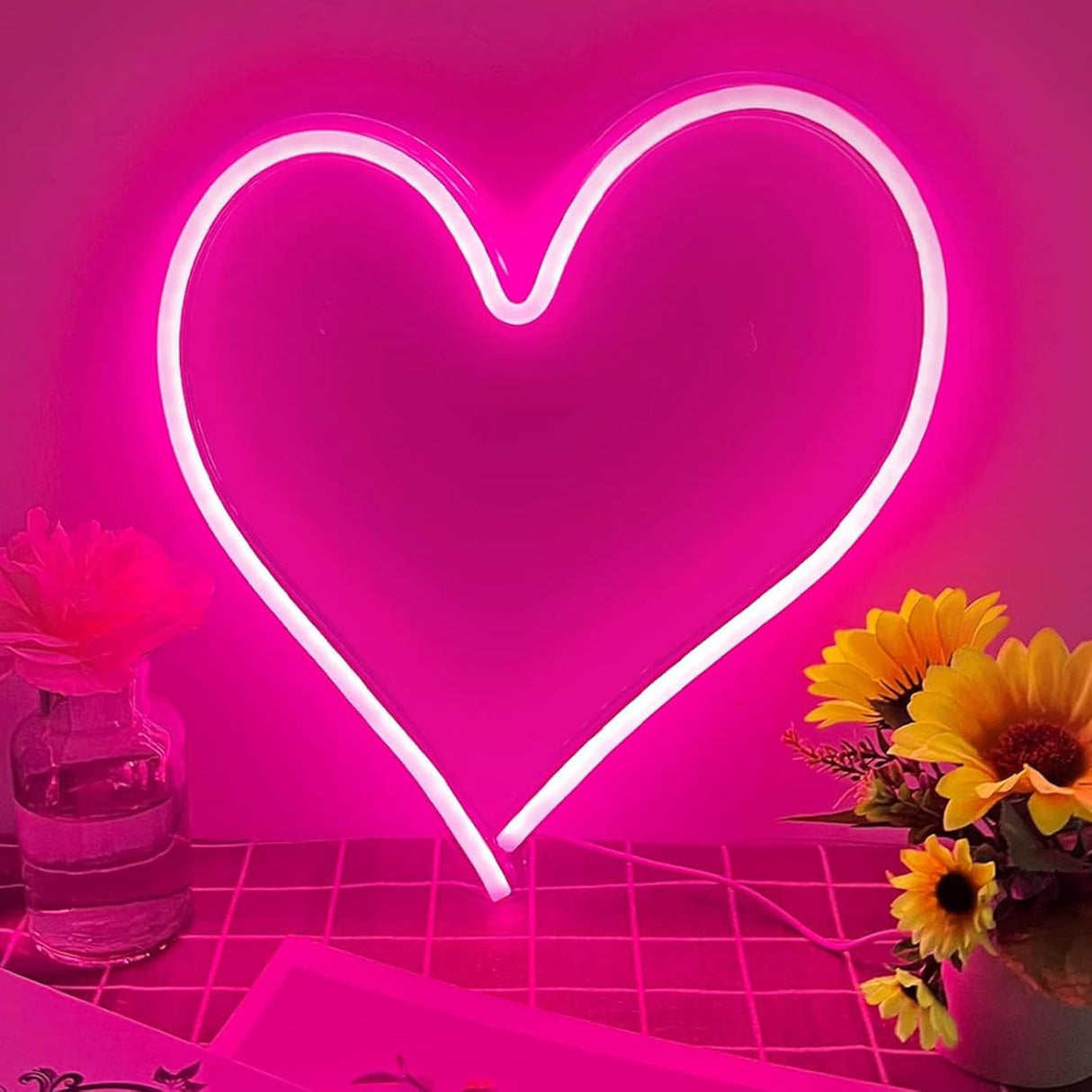 Pink Heart Neon Sign, Neon Heart Light for Wall Decor, Love Hearts LED Light up Sign 13.4×13 Inch Dimmable