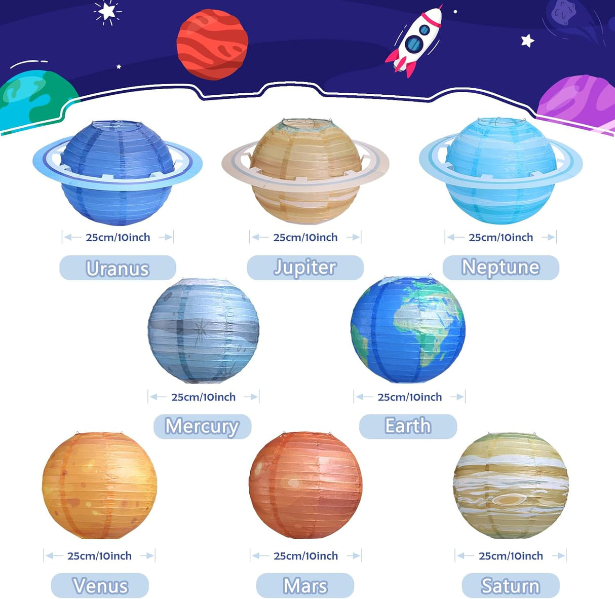 8 pcs Planet Paper Lanterns,10 inch Outer Space Party Decorations, Solar System