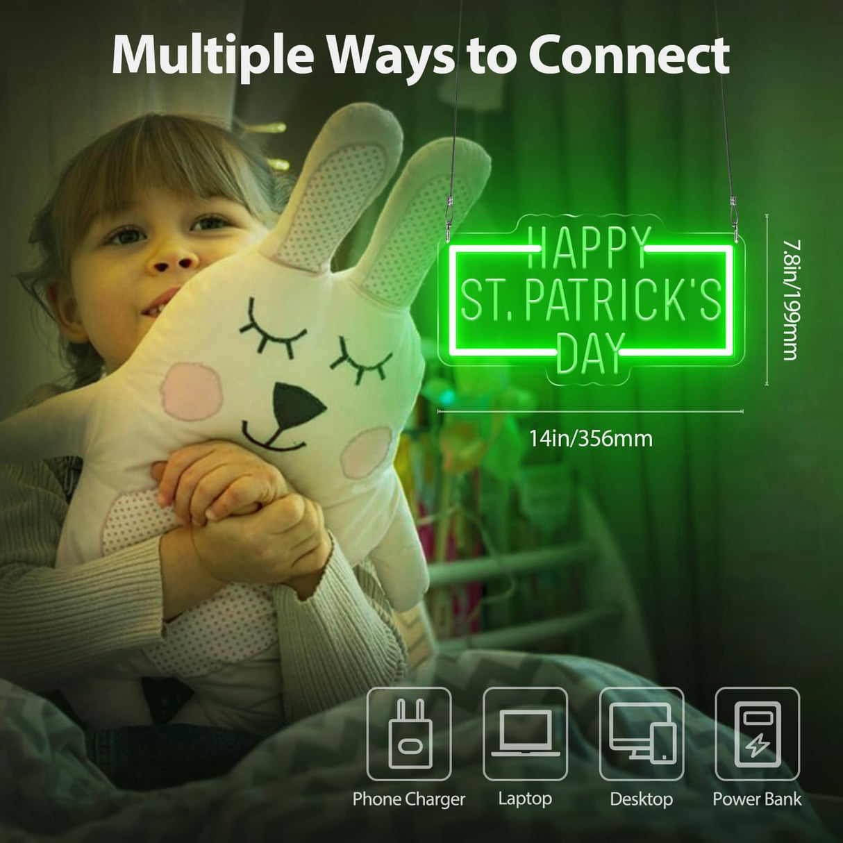 Happy St. Patrick's Day Neon Sign Party Wall Decor LED Sign for Gift, USB Powered