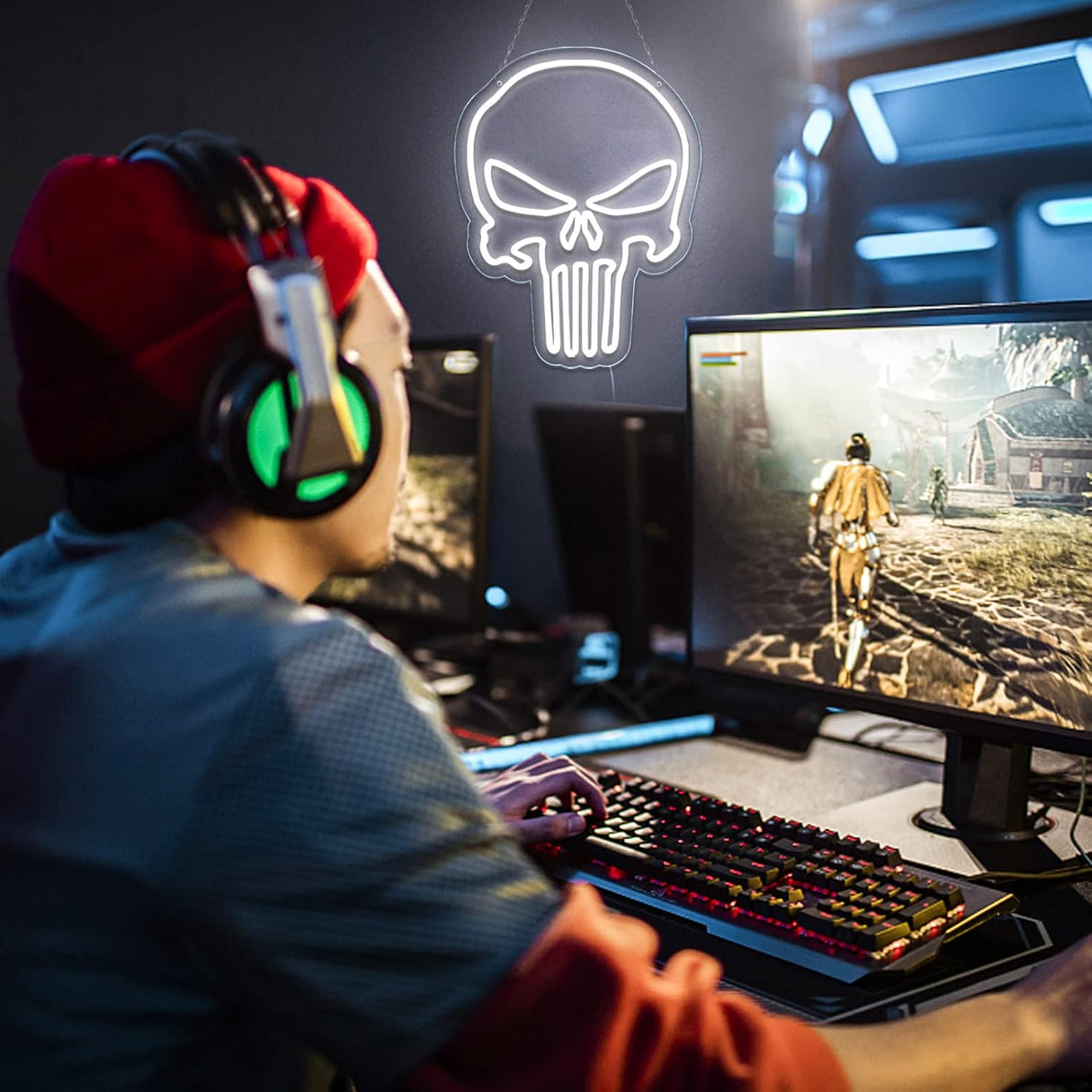 Crs Light Neon Signs 17 * 11 Inch(Azure+Red+White) + Punisher Skull Neon Signs 16.5 * 13 Inch(White)