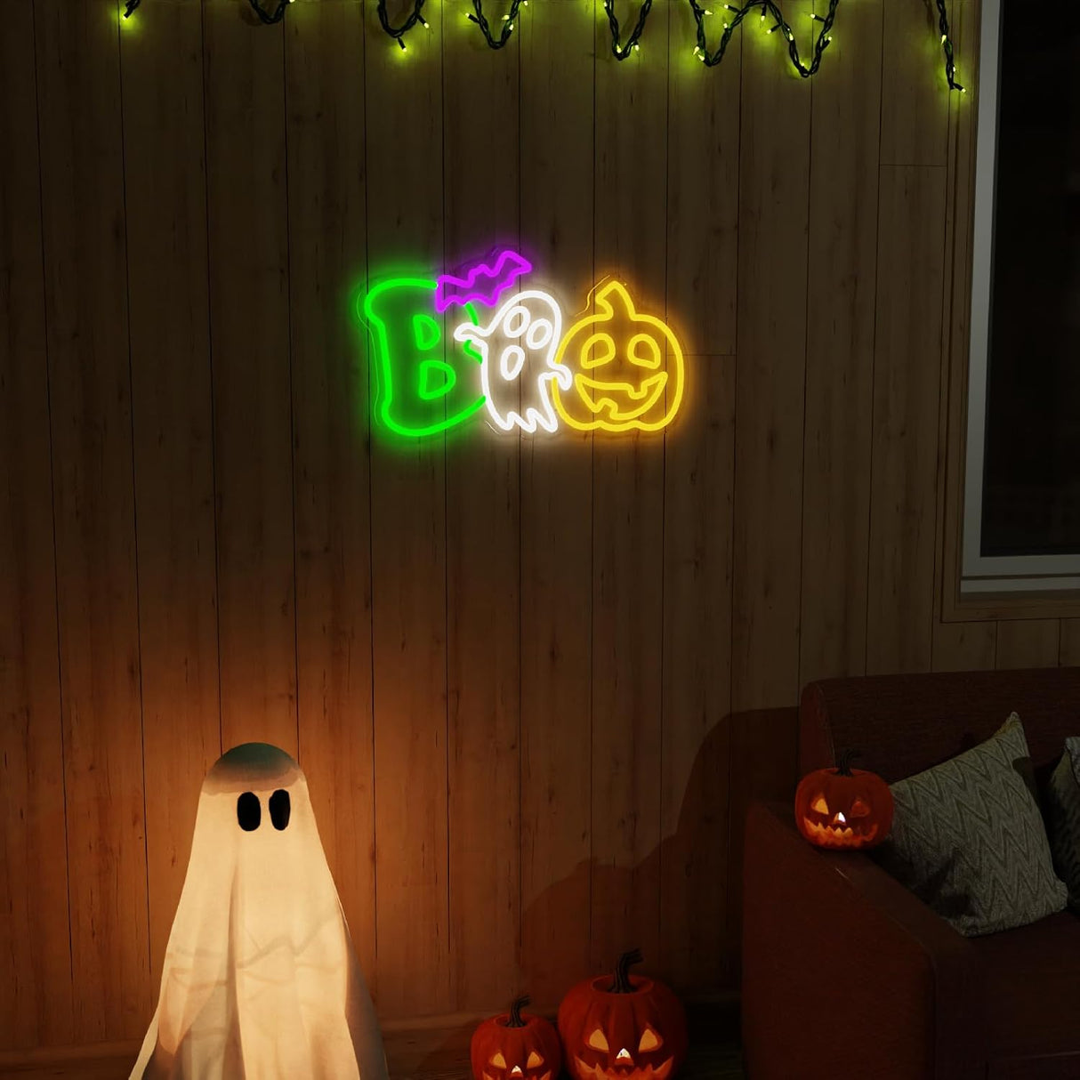 Halloween Neon Sign Dimmable LED Boo Sign Halloween Spooky Pumpkin Ghost Wall Neon