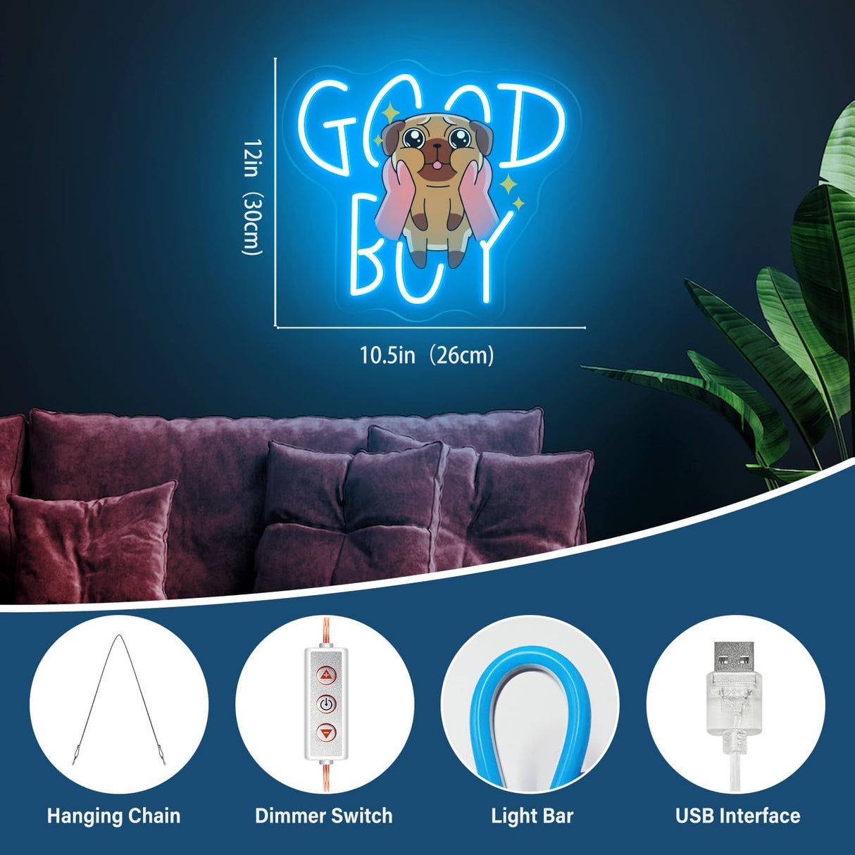 Printed Pug with Ice Blue LED, 11"x12" USB-Powered Acrylic Wall Neon Light for Dog Bedrooms