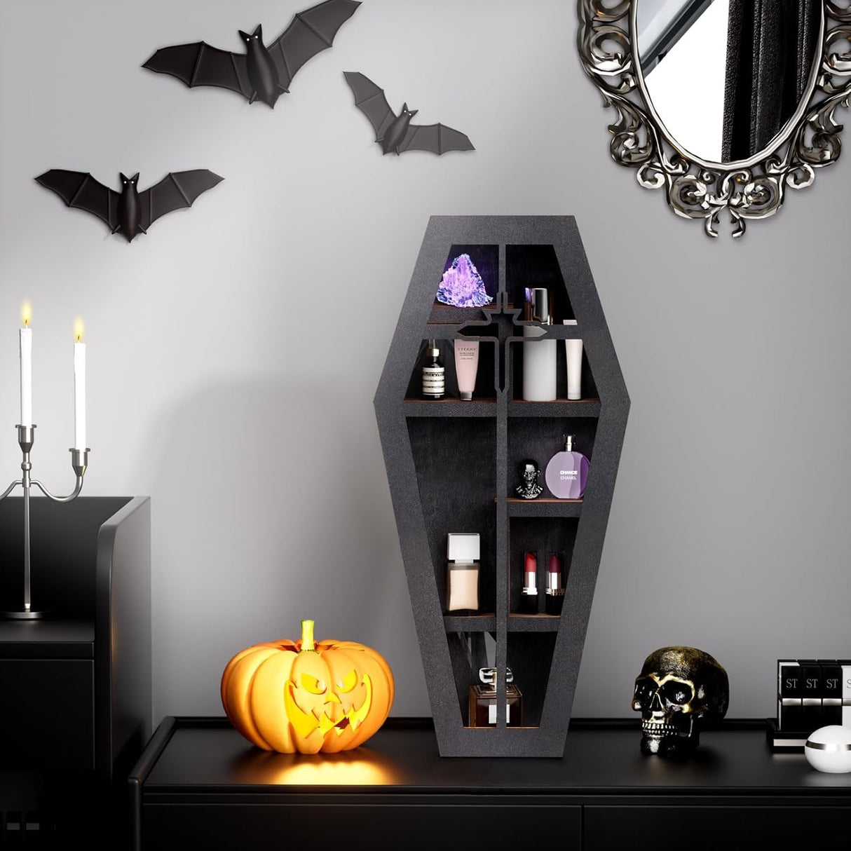 Qmetalart Coffin Shelf with Acrylic Dust Cover, Wooden Gothic Decor for Display or Storage Rocks Mini Figures,