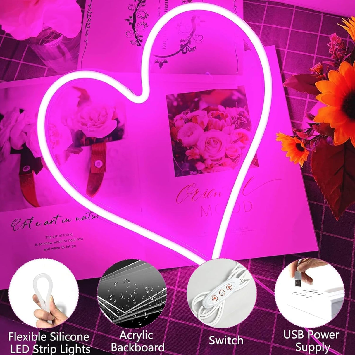 Pink Heart Neon Sign, Neon Heart Light for Wall Decor, Love Hearts LED Light up Sign 13.4×13 Inch Dimmable