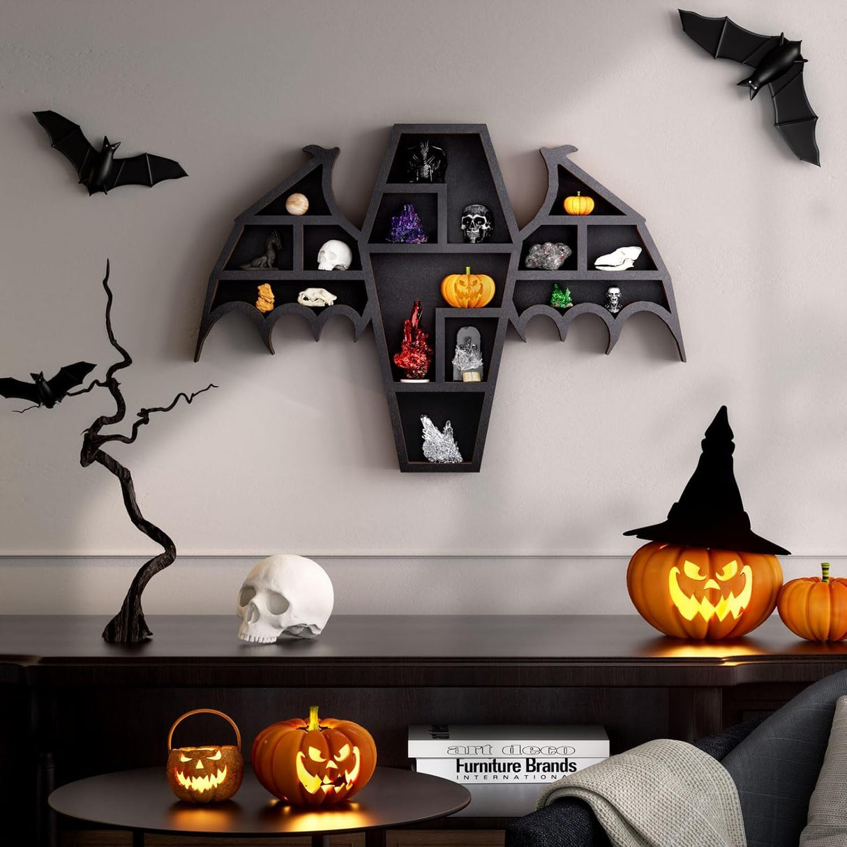 Qmetalart Coffin Shelf with Bat Wings, Wooden Gothic Decor for Display or Storage Rocks Mini Figures