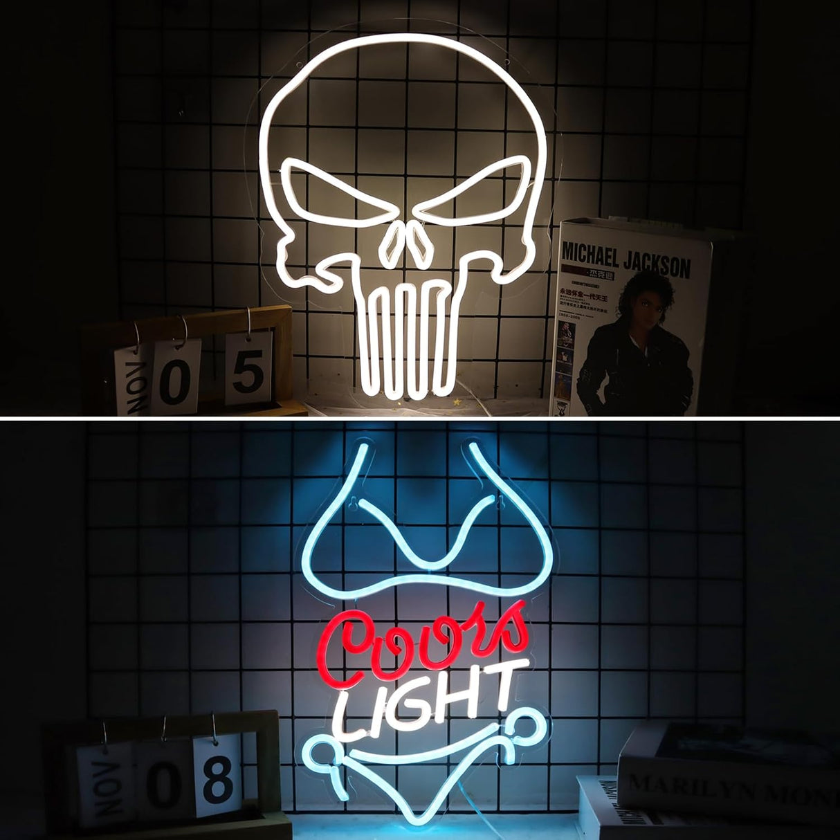 Bikini Crs Light Neon Signs 16.1 * 9.8 Inch(Azure+Red+White) + Punisher Skull Neon Signs 16.5 * 13 Inch(White)