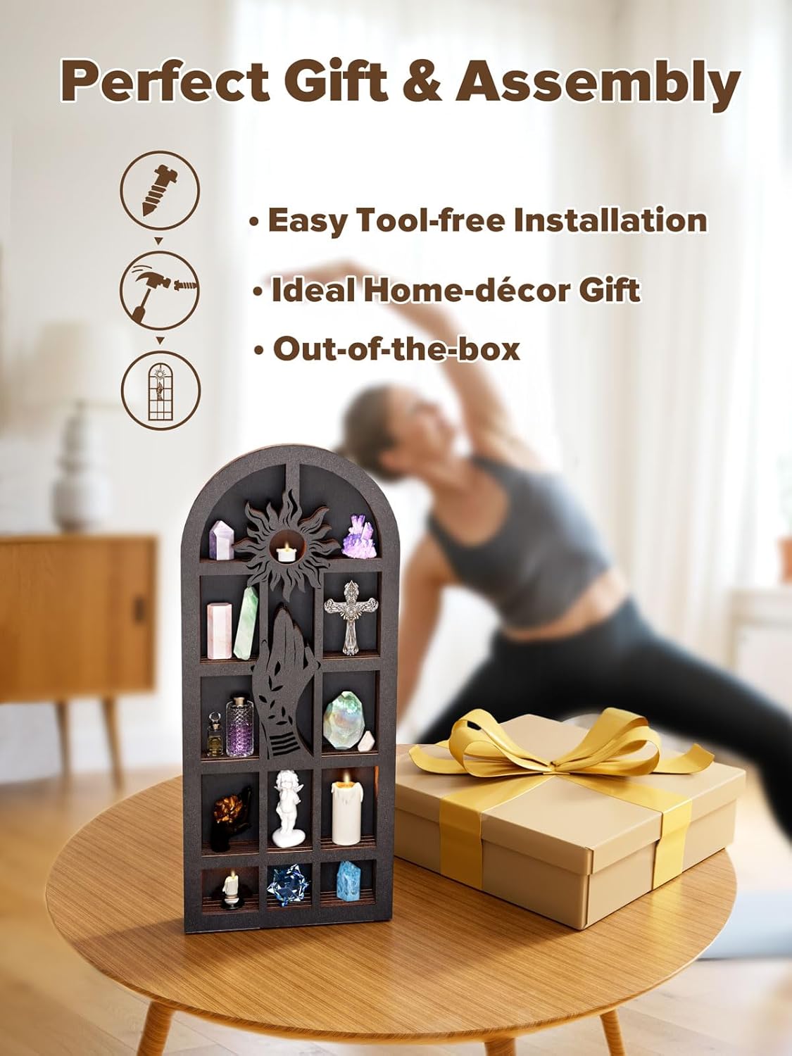 Qmetalart Religious Trinket Shelf, Crystal Display Shelf Storage Wall Hanging Wooden