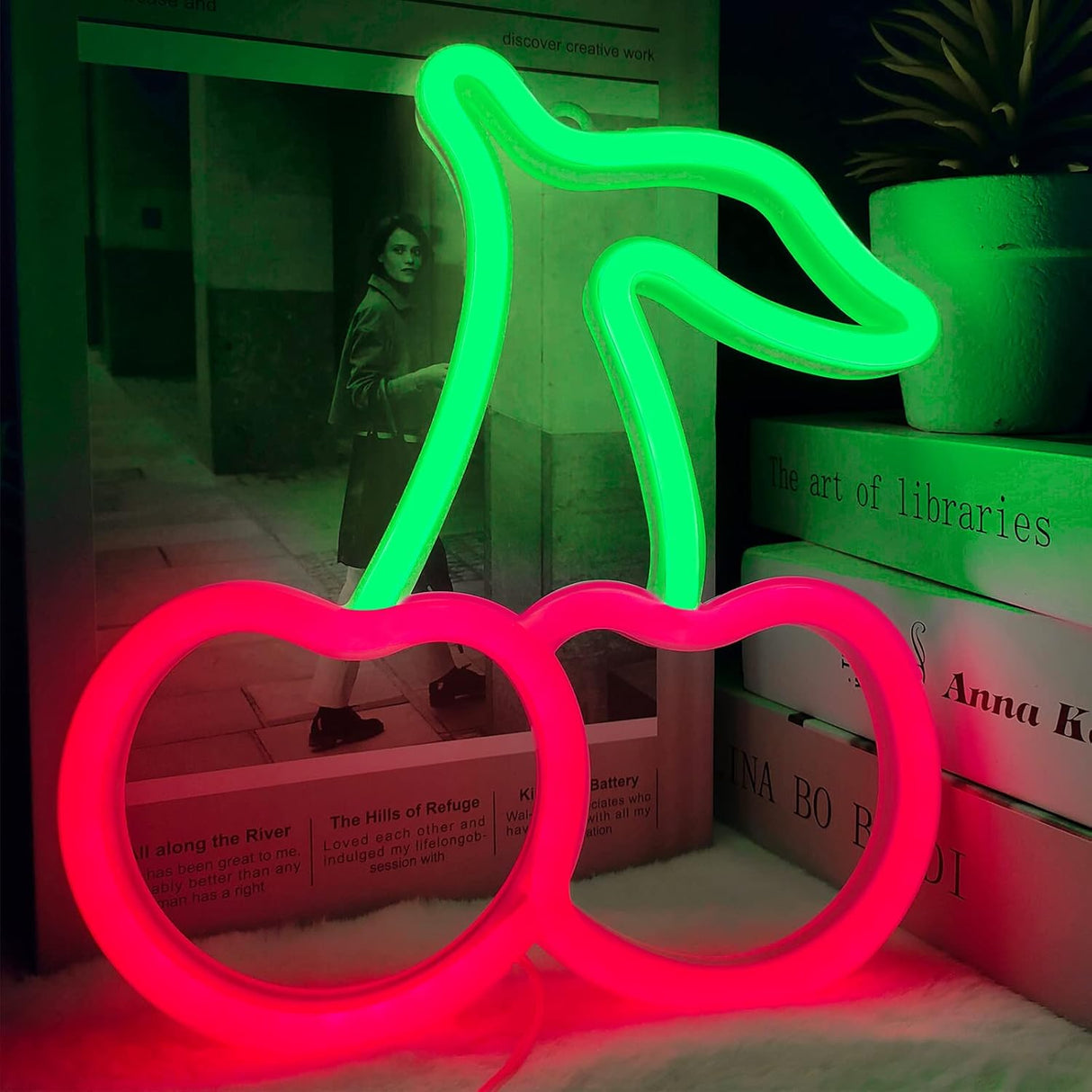 Cherry Neon Sign, Red Green Cherries Neon Lights, Cherry Neon Signs for Wall Decor,