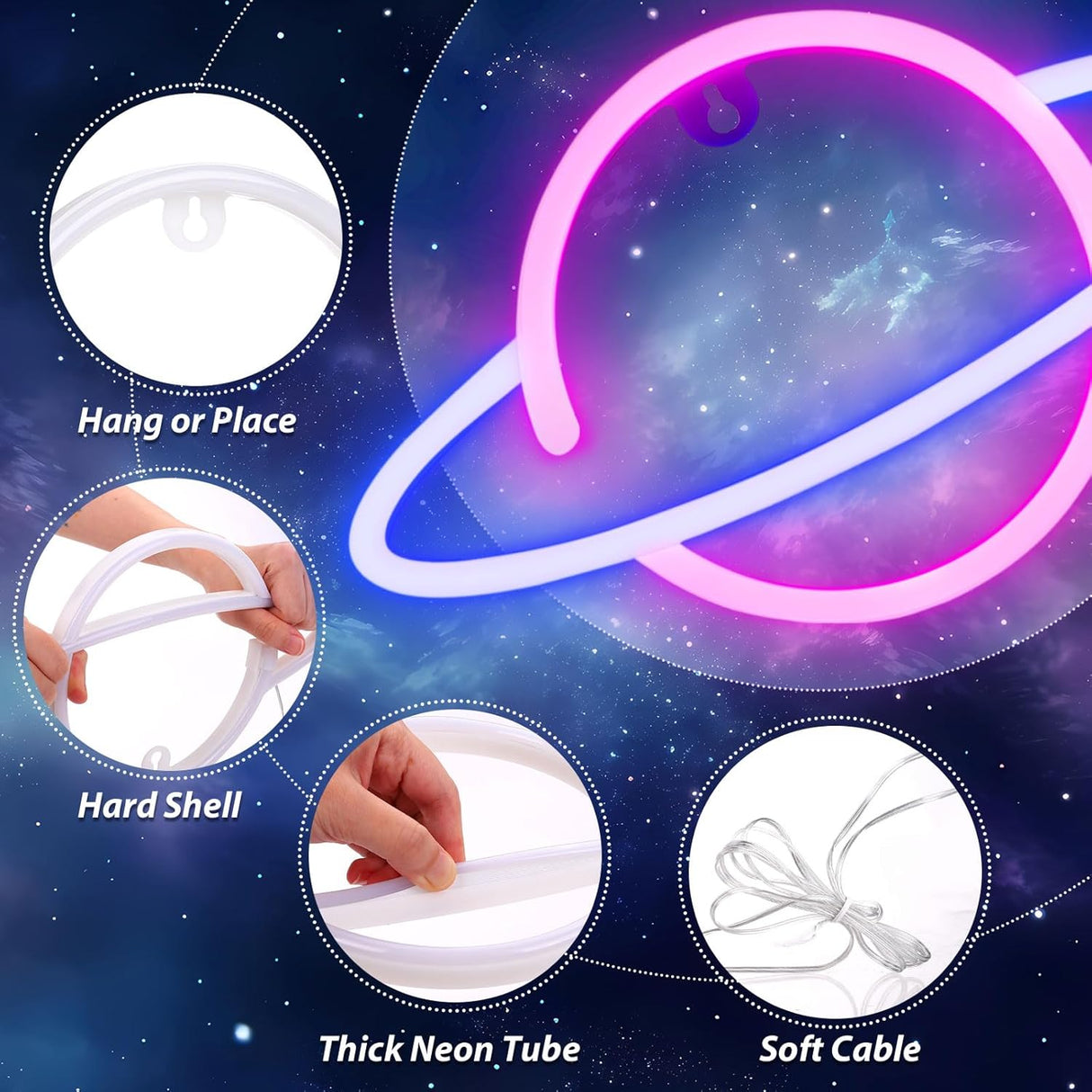 Planet Led Sign for Wall Decor, USB or Battery Operated Pink/Blue Planet Led Neon Light for Bedroom,