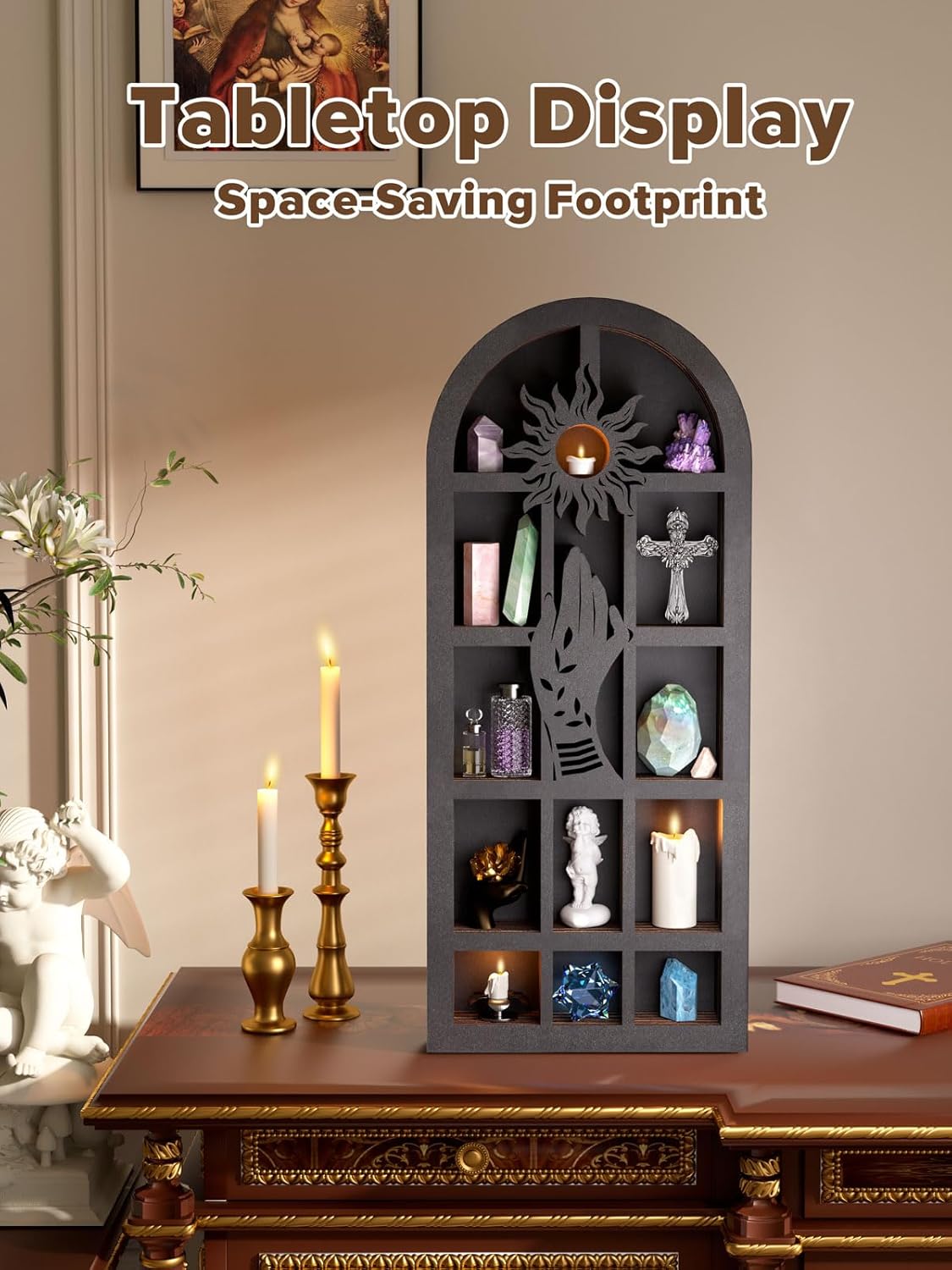 Qmetalart Religious Trinket Shelf, Crystal Display Shelf Storage Wall Hanging Wooden