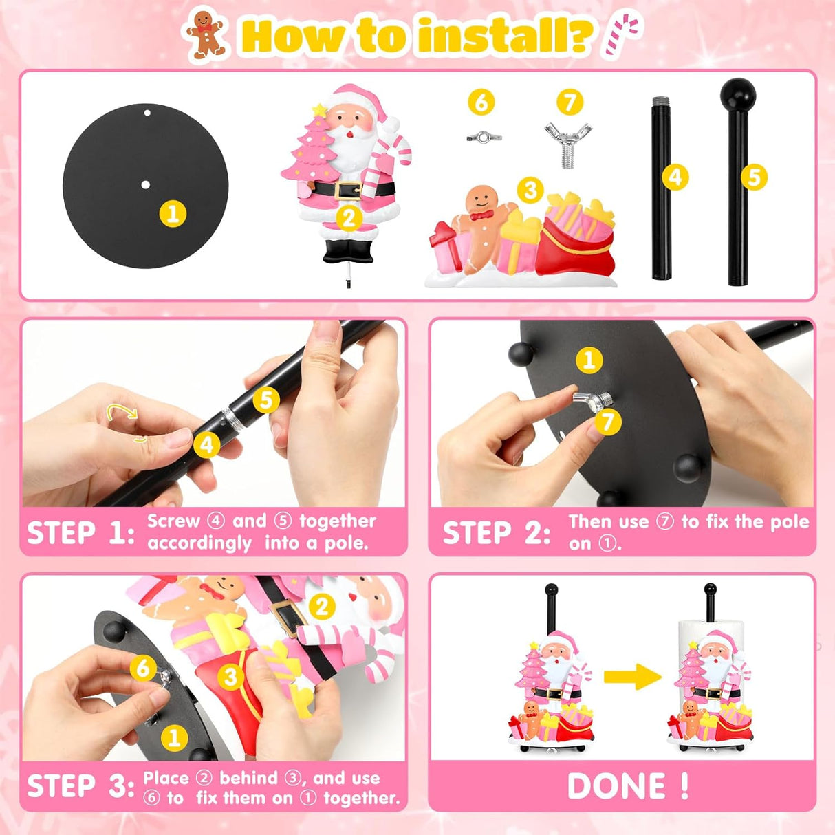 Qmetalart Pink Santa Claus Paper Towel Holder – Festive Christmas Paper Towel Stand,