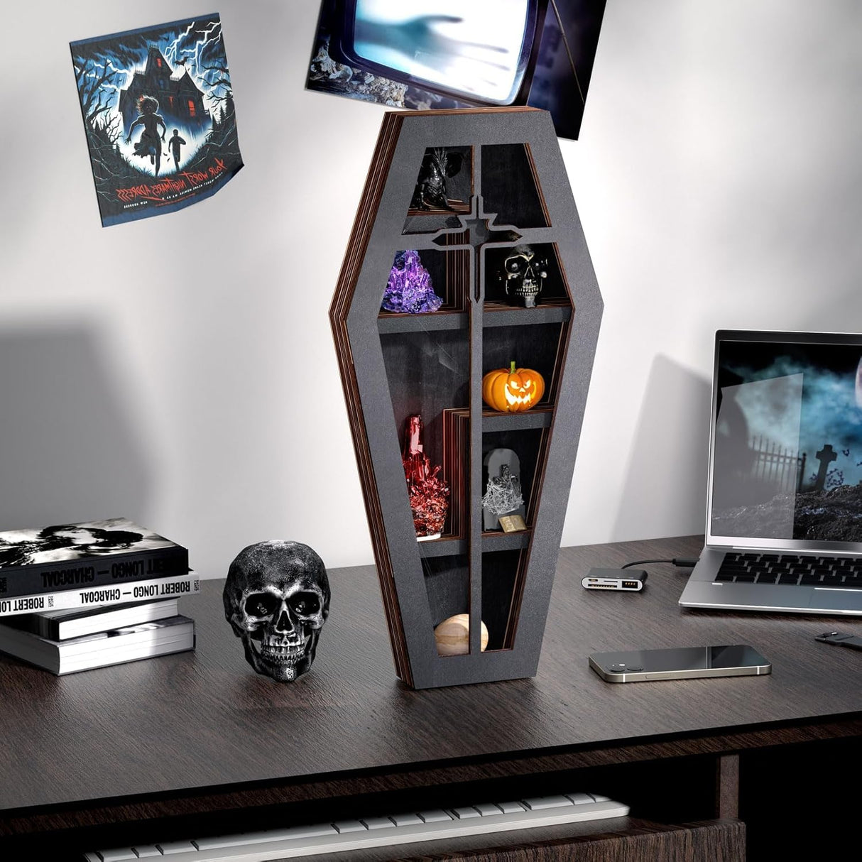 Qmetalart Coffin Shelf with Acrylic Dust Cover, Wooden Gothic Decor for Display or Storage Rocks Mini Figures,