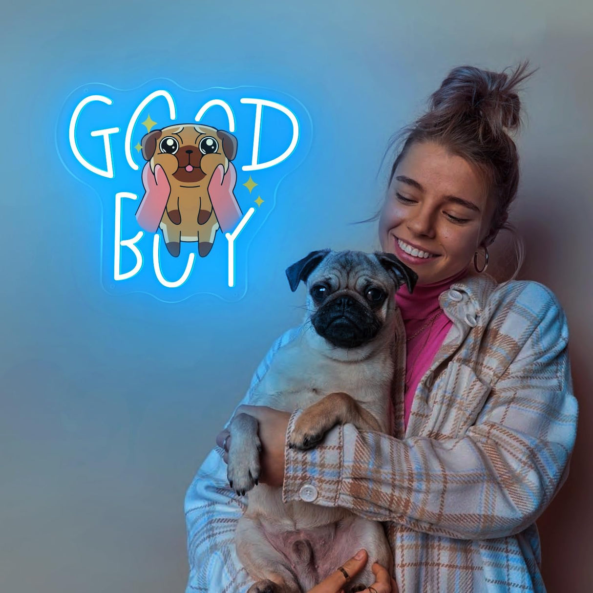 Printed Pug with Ice Blue LED, 11"x12" USB-Powered Acrylic Wall Neon Light for Dog Bedrooms