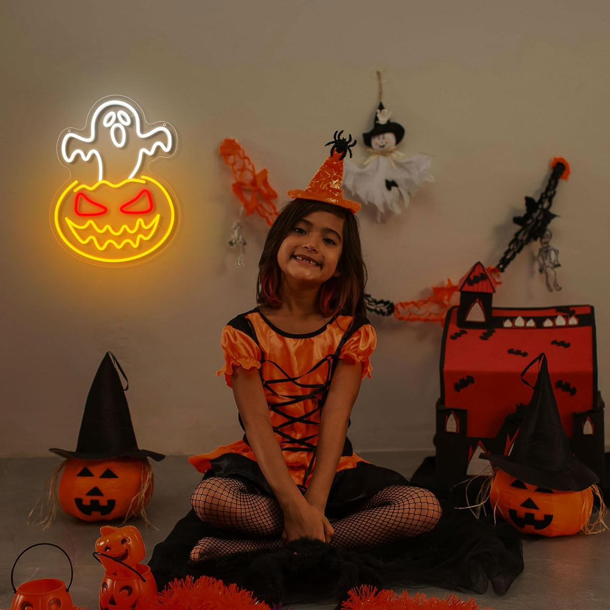 Halloween Ghost Pumpkin Neon Sign,Ghost Face Neon Light Spooky Pumpkin Neon Light Up Signs