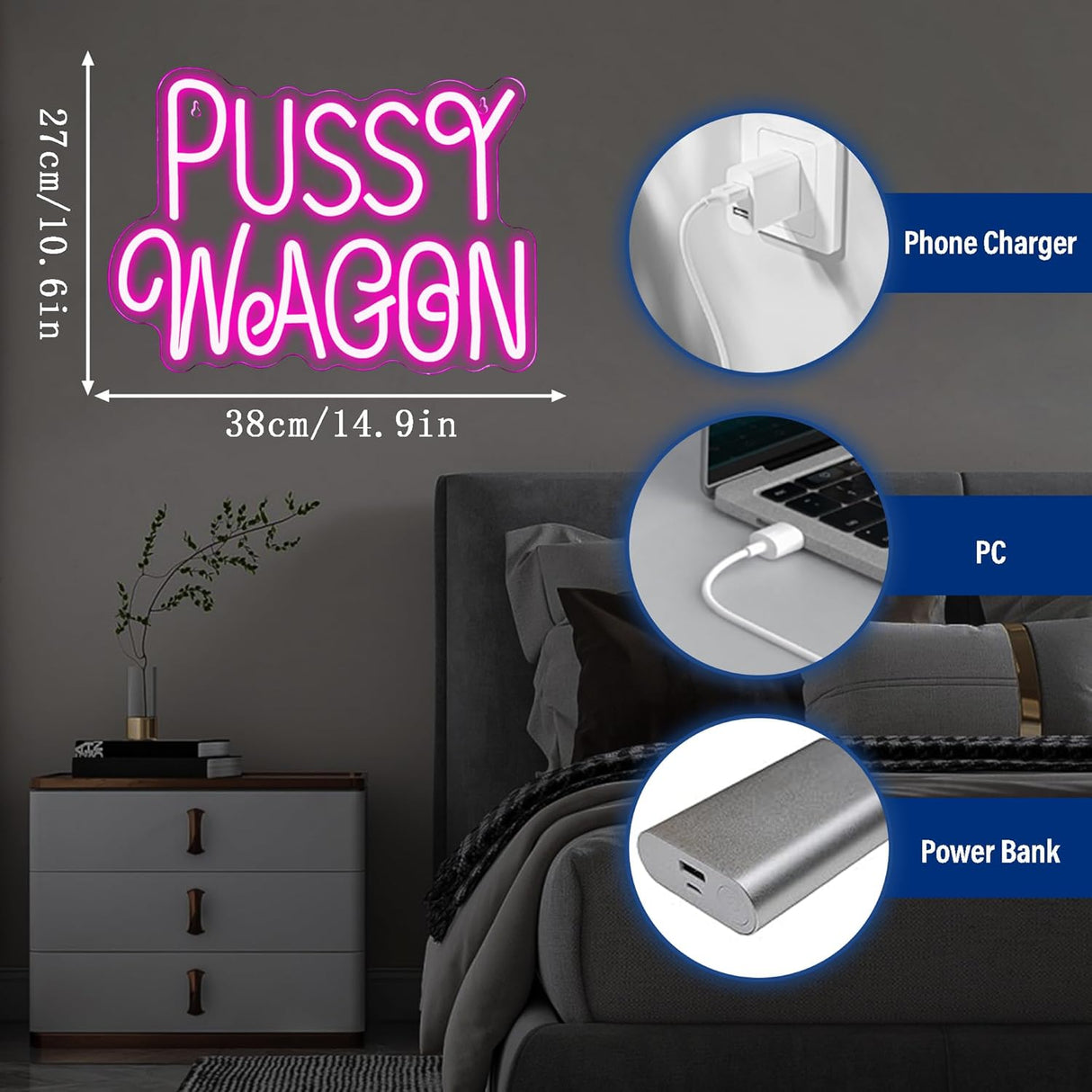 Pussy Wagon Neon Sign, Funny Movie Night Neon Light, Dimmable LED, 14.9 x 10.6 in,