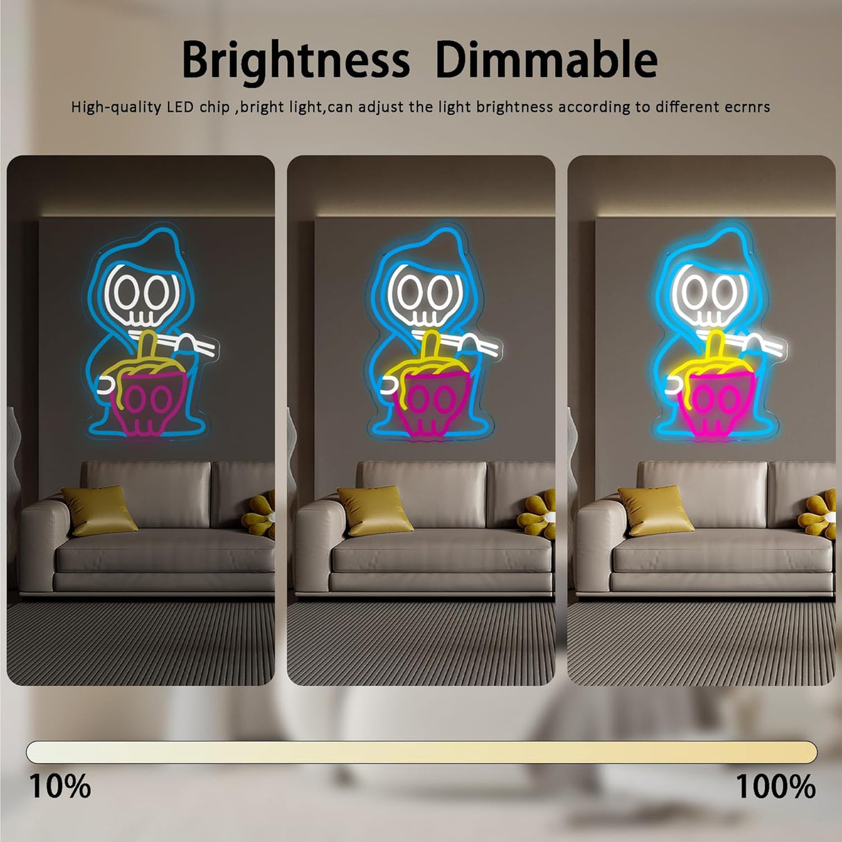 Grim Reaper Ramen Noodles Neon Signs for Wall Decor,Dimmable Japanese Skull Ramen Noodle