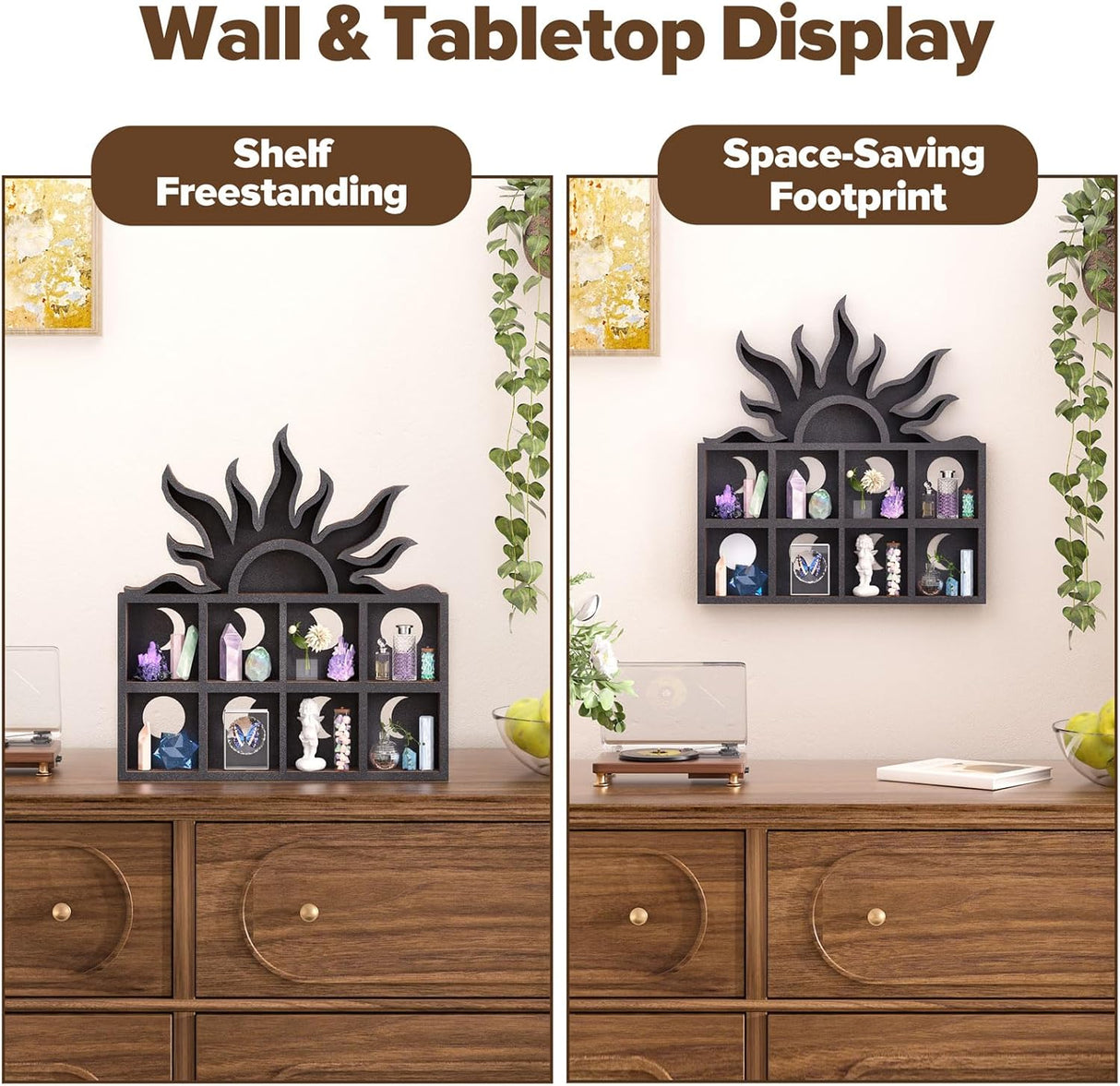 Qmetalart Sunrise Trinket Shelf, Sun Moon Crystal Display Shelf Storage Wall Hanging