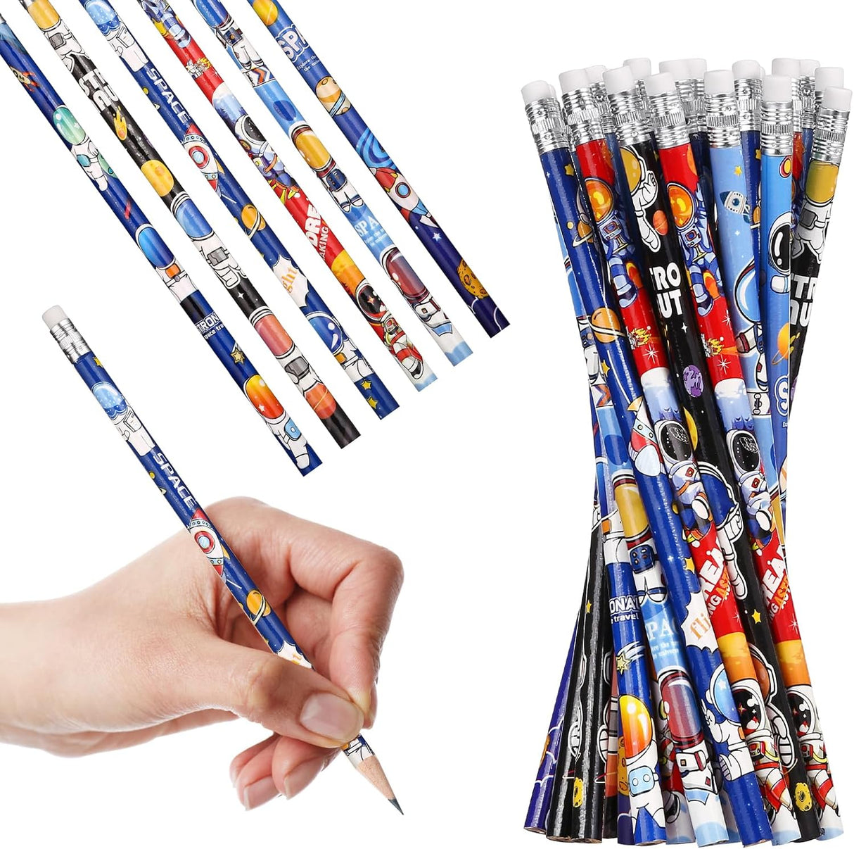 24 Pcs Space Pencils for Kids，Novelty Fun Lead Pencils with Eraser Rocket and Space Party Favors for Birthday Party，