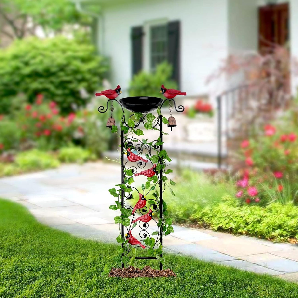 Cardinal Bird Bath Garden Trellis for Climbing Plants Outdoor Wind Chime Decor Red Birds