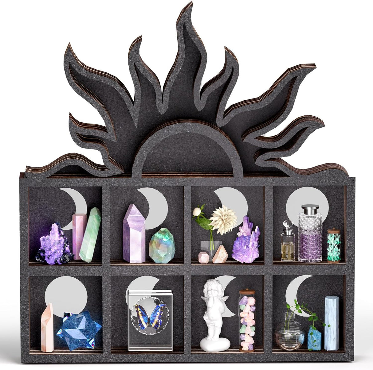 Qmetalart Sunrise Trinket Shelf, Sun Moon Crystal Display Shelf Storage Wall Hanging