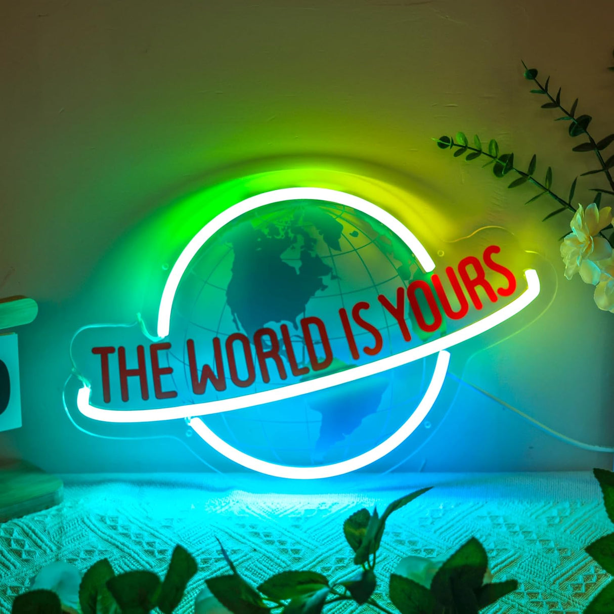 The World is Yours Neon Sign, 7RGB Planet LED Neon Light Lamp for Wall Decor, USB Power for Man Cave Home