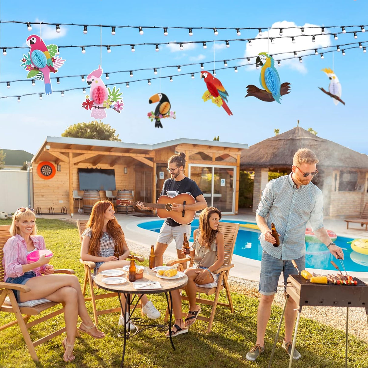 6 Pieces Hawaiian Tropical Birds Hanging Parrot Honeycomb Party