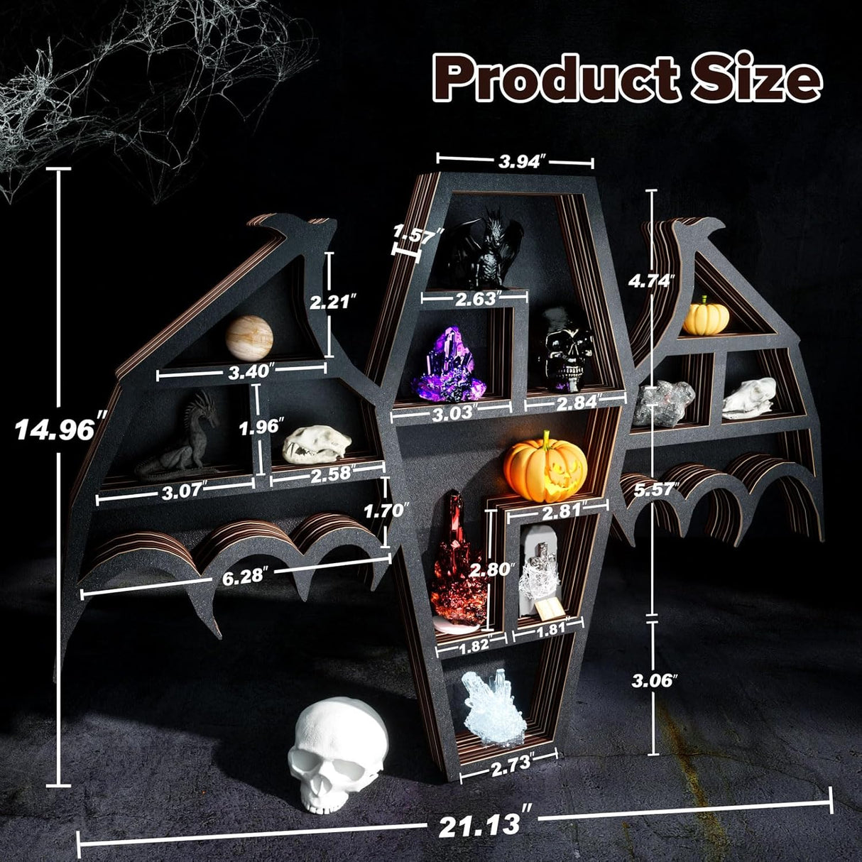 Qmetalart Coffin Shelf with Bat Wings, Wooden Gothic Decor for Display or Storage Rocks Mini Figures