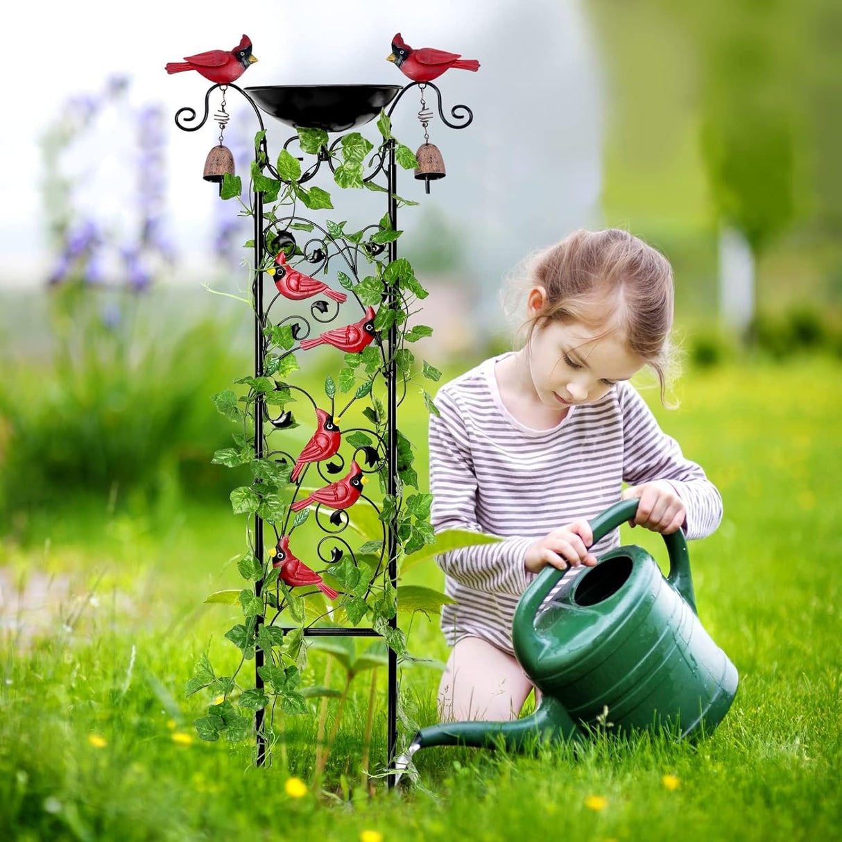 Cardinal Bird Bath Garden Trellis for Climbing Plants Outdoor Wind Chime Decor Red Birds