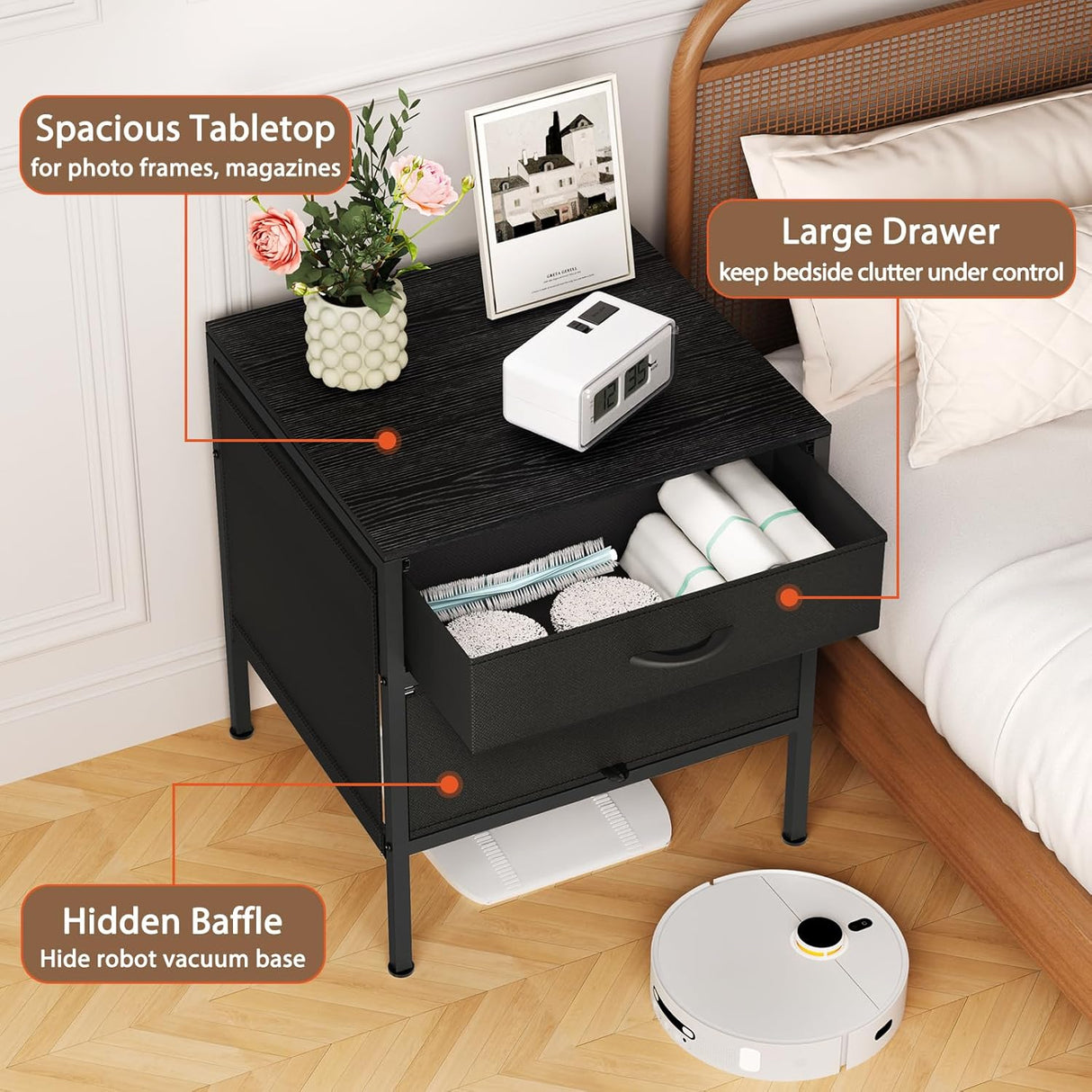 Qmetalart Robot Vacuum Cabinet, Hidden End Side Table, Modern Side Table Storage Cabinet